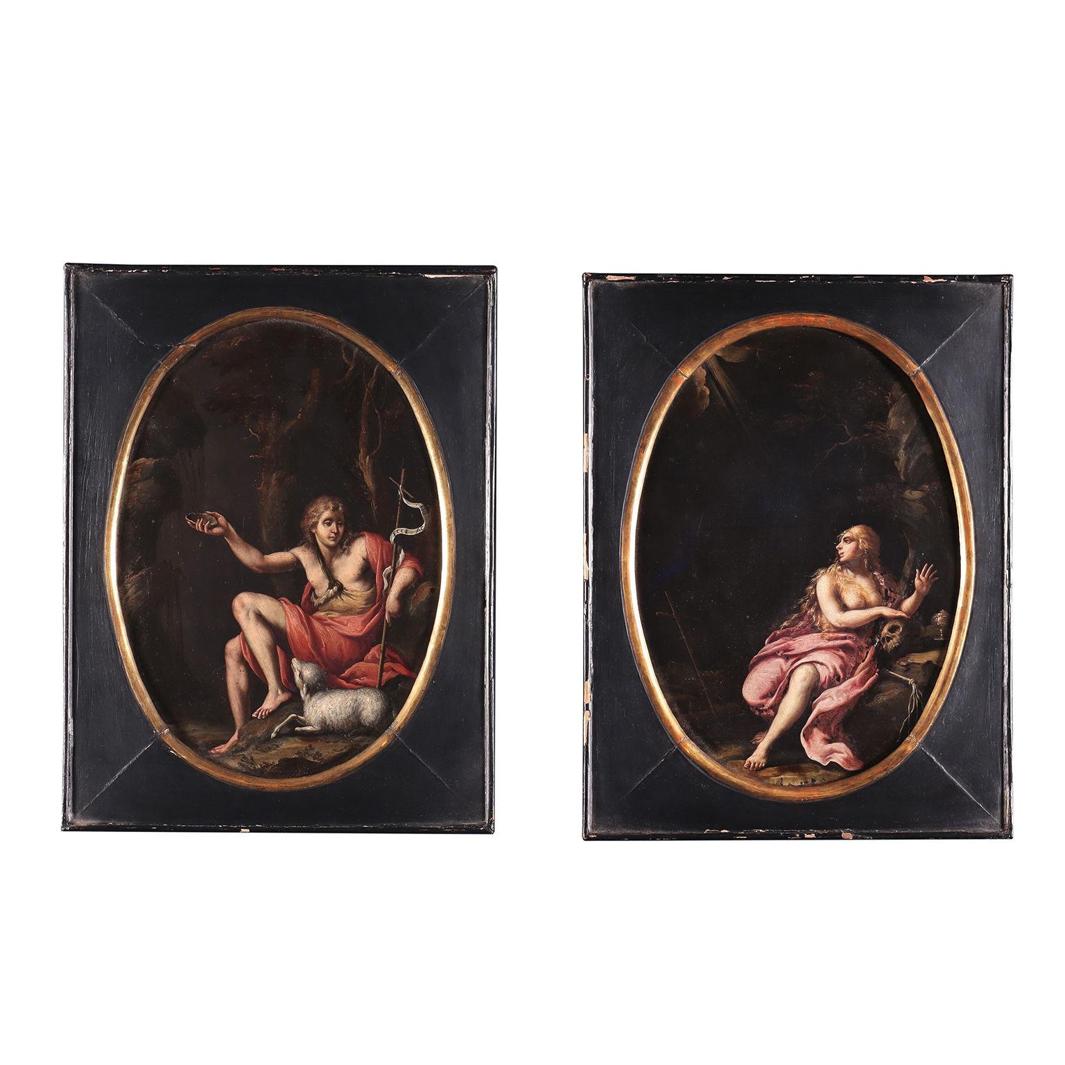 Figurative Painting de Unknown - Pareja de pinturas sobre pizarra La Magdalena penitente y San Juan Bautista
