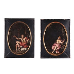 Paire de peintures sur ardoise La Madeleine pénitente et Saint Jean Baptiste