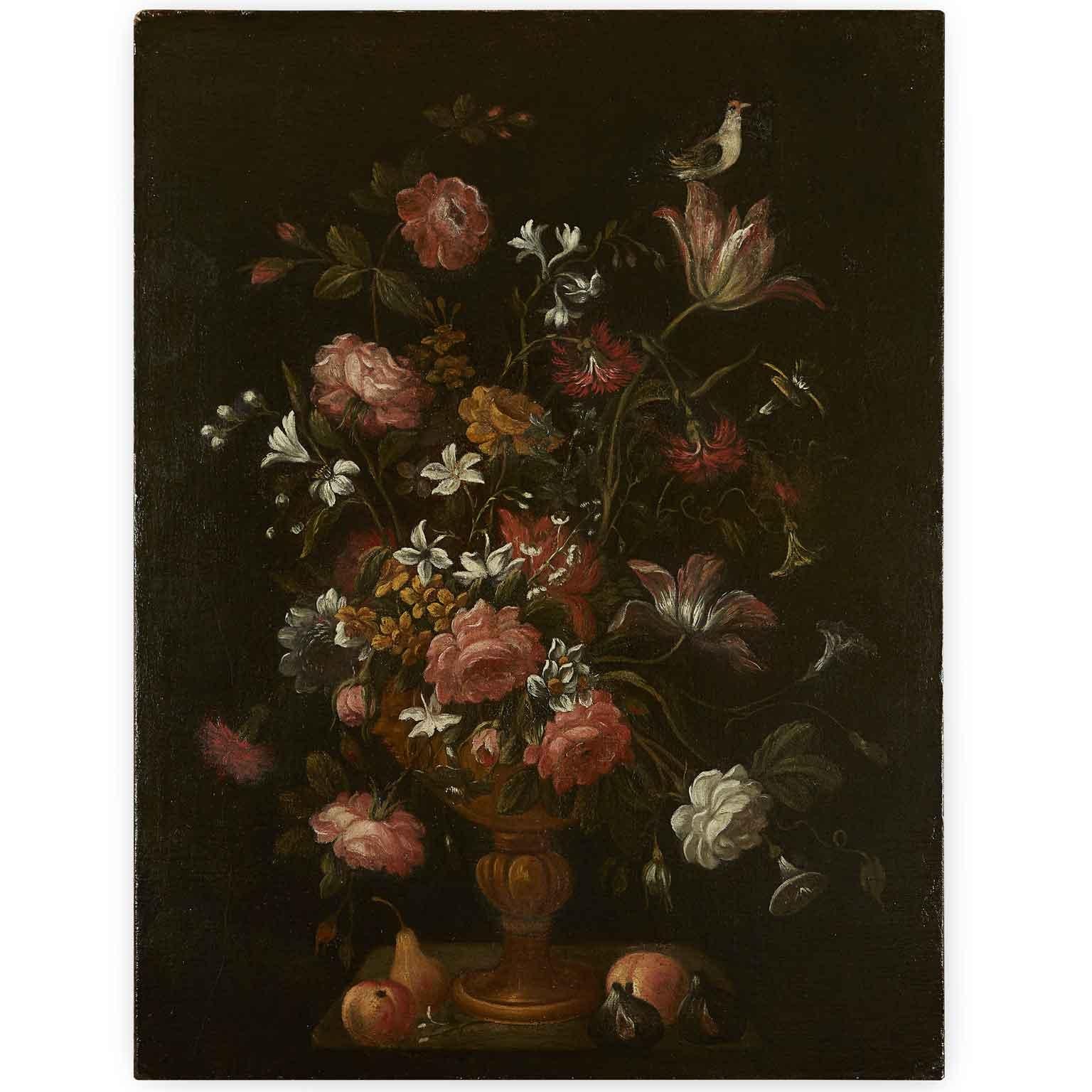 Coppia di Nature Morte di Fiori Frutta e Uccelli Scuola Italiana XVII Secolo in vendita 6
