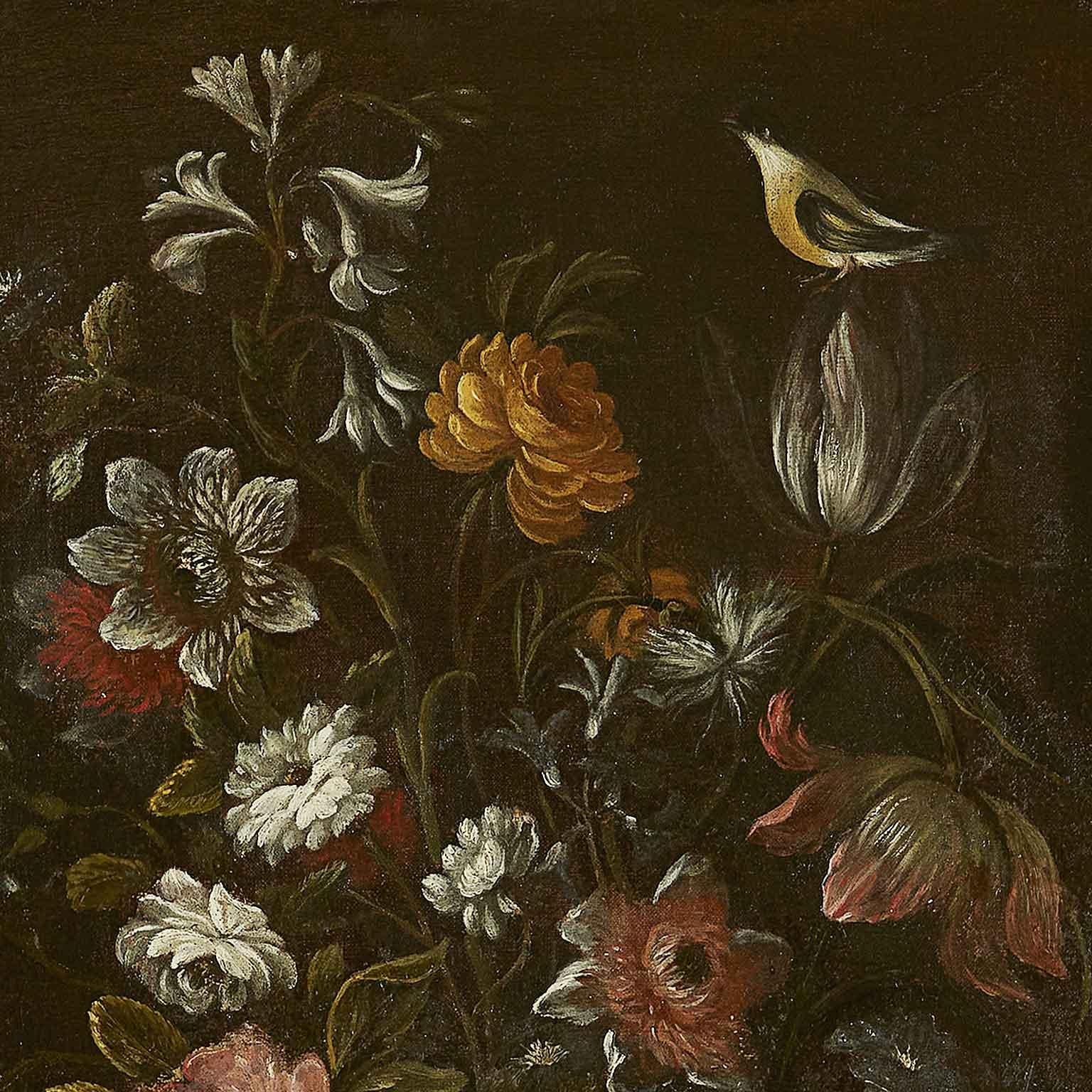 Coppia di Nature Morte di Fiori Frutta e Uccelli Scuola Italiana XVII Secolo - Painting di Unknown