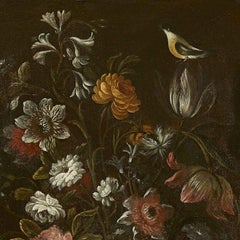 Pair of Nature Deaths of Flowers Fruits and Birds Italian School 17th Century