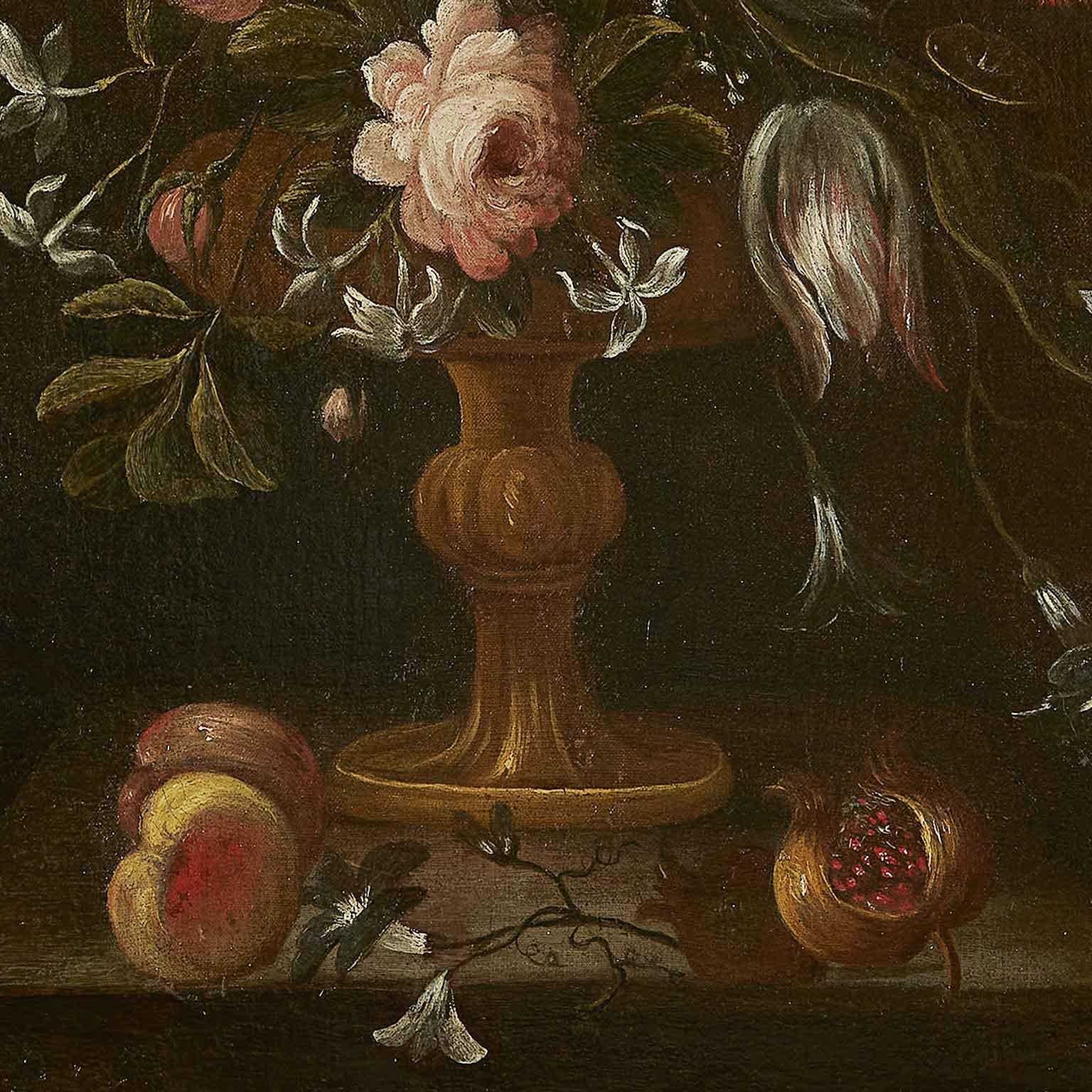 Coppia di Nature Morte di Fiori Frutta e Uccelli Scuola Italiana XVII Secolo - Painting Barocco di Unknown