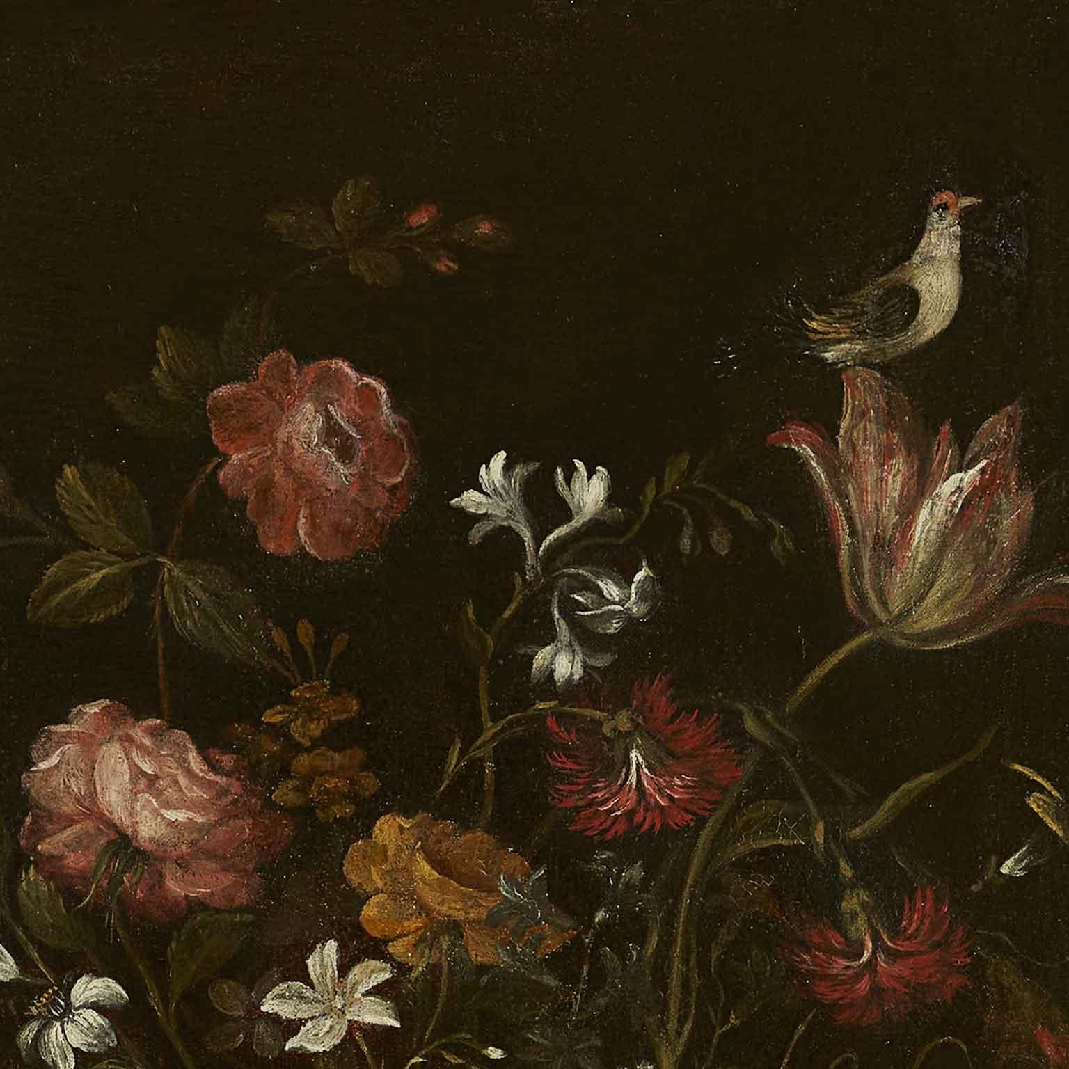 Coppia di Nature Morte di Fiori Frutta e Uccelli Scuola Italiana XVII Secolo - Still-Life Painting Black di Unknown