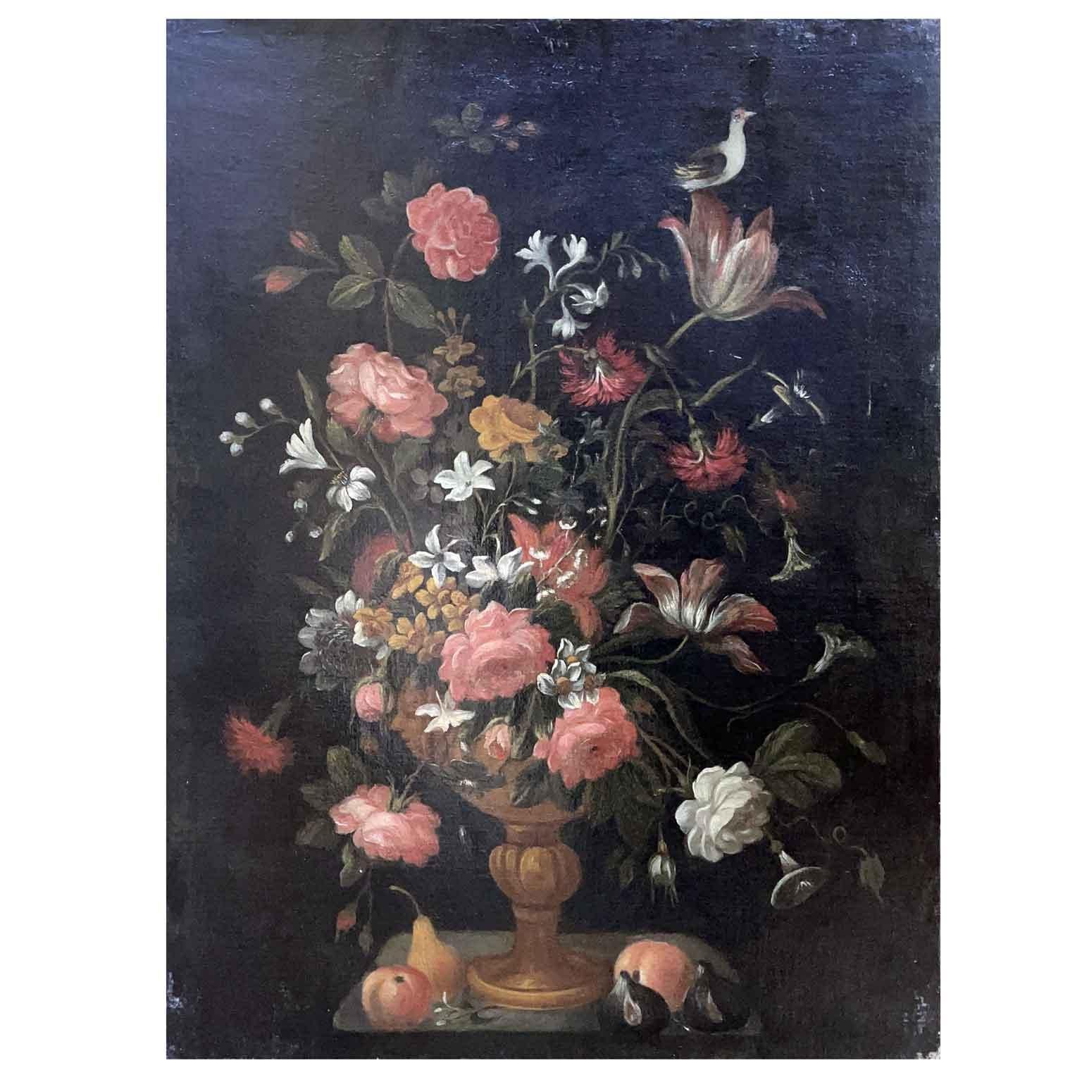 Coppia di Nature Morte di Fiori Frutta e Uccelli Scuola Italiana XVII Secolo in vendita 2