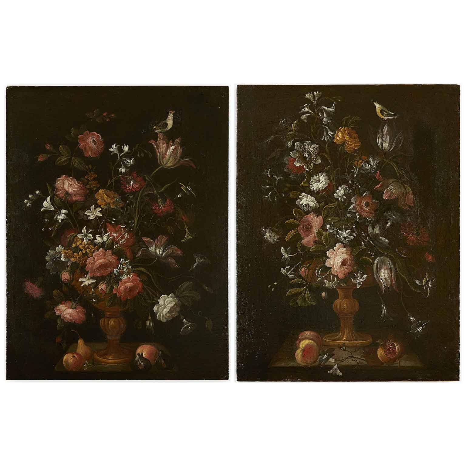 Coppia di Nature Morte di Fiori Frutta e Uccelli Scuola Italiana XVII Secolo