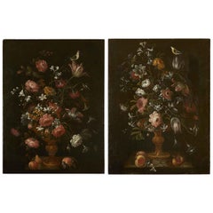 Coppia di Nature Morte di Fiori Frutta e Uccelli Scuola Italiana XVII Secolo