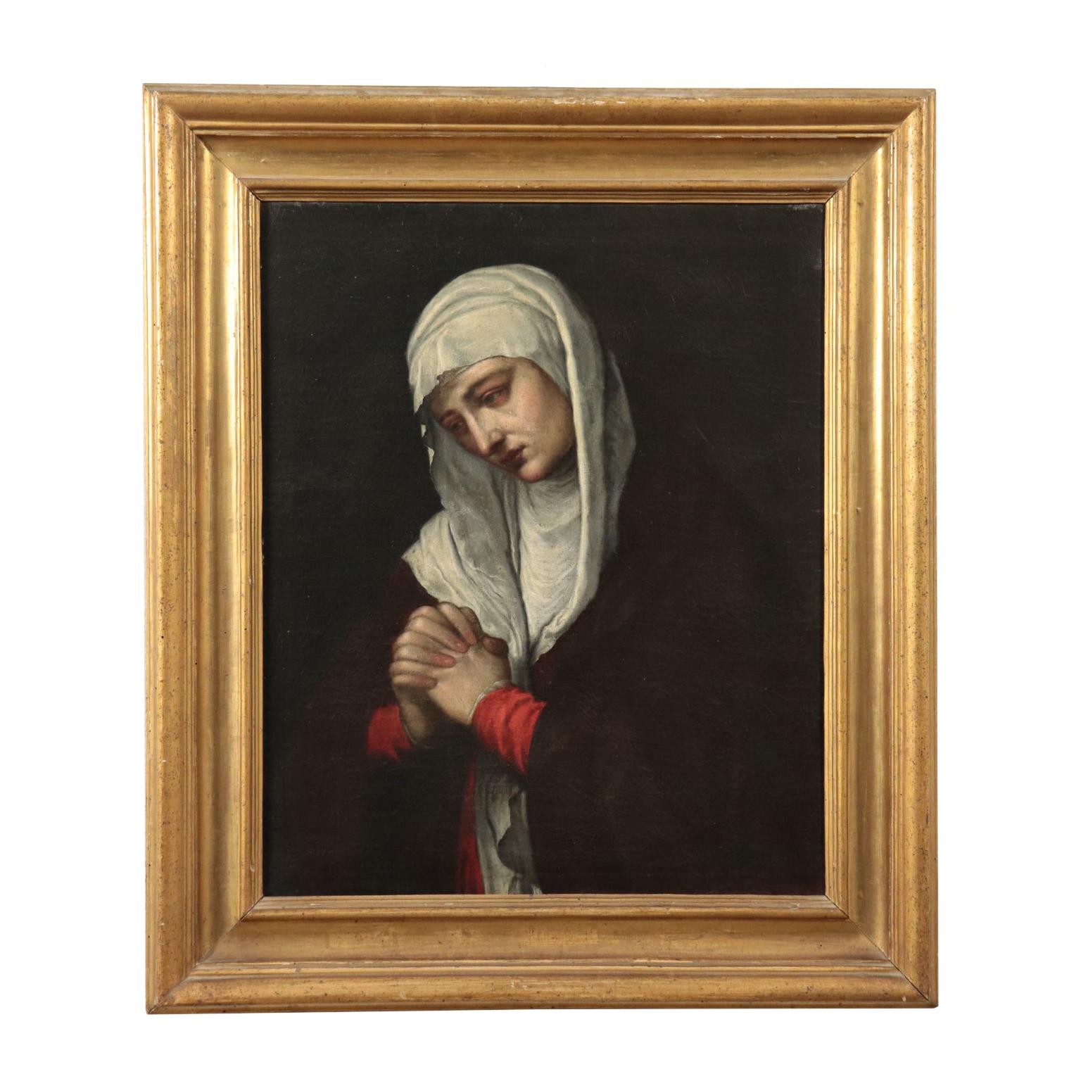 Unknown Portrait Painting - Copy From Tiziano Vecellio, Oil On Canvas 17th Century, Mater Dolorosa