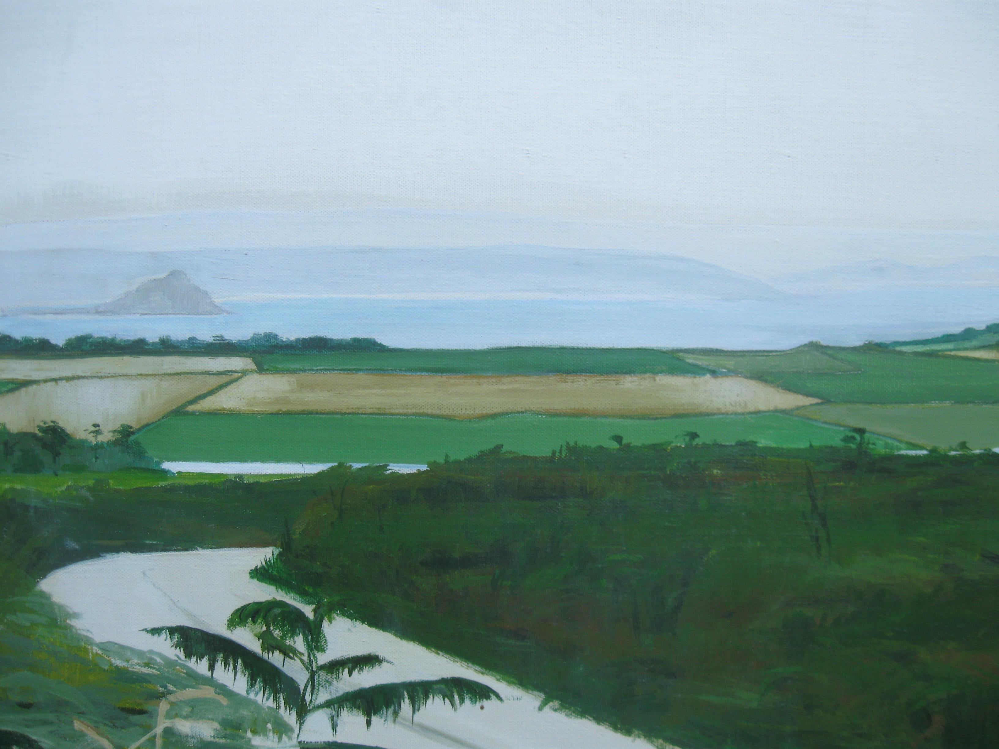 Large Modernist: Cornwall, View of Fields and Mounts Bay with St Michaels Mount  - Gray Landscape Painting by Unknown