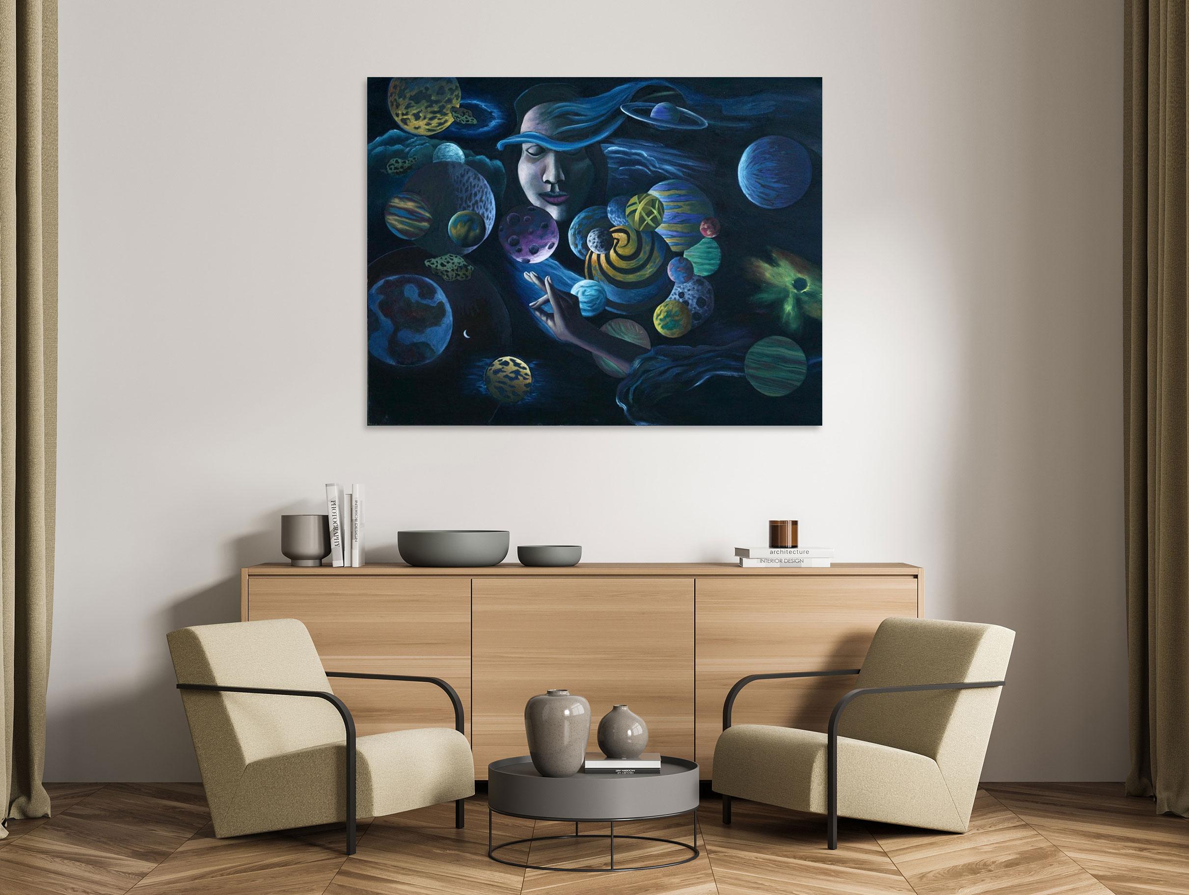 The Goddess creates from within her own creative imagination .Universes appear as her mudra engenders planets and stars.

Cosmic Gal -  Figurative Painting- Spacescape Art By Marc Zimmerman

This masterpiece is exhibited in the Zimmerman Gallery,