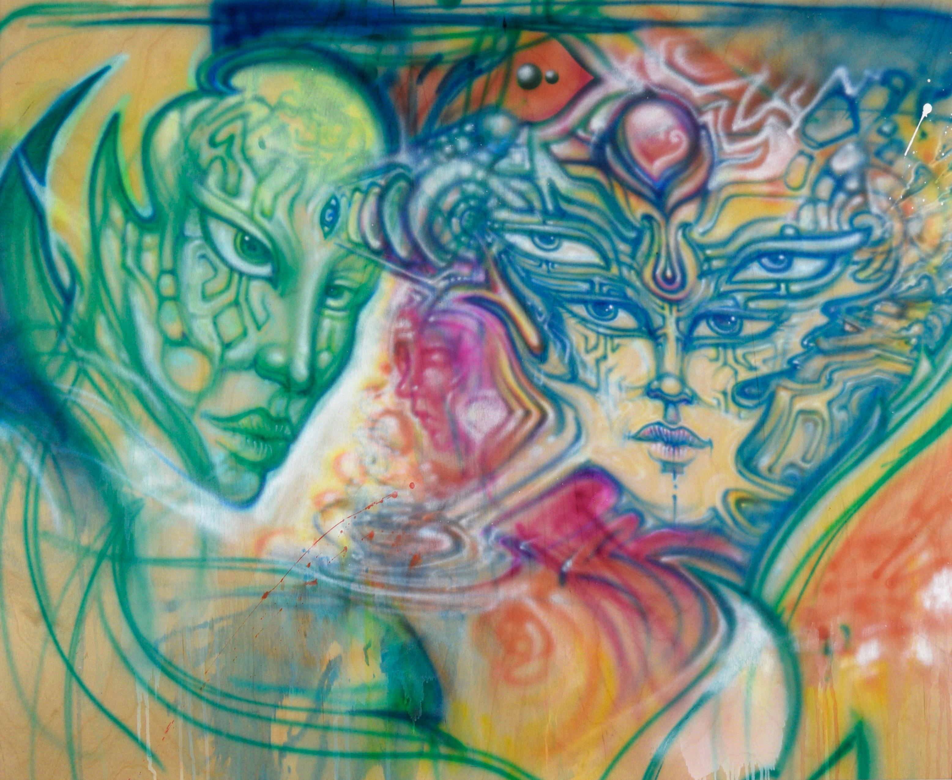 Viaggiatori cosmici - Composizione visionaria e psichedelica su pannello di Wood - Painting di Unknown