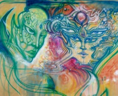 Viaggiatori cosmici - Composizione visionaria e psichedelica su pannello di Wood