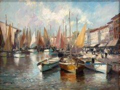 "Côte d'Azur Marina" Boats Harbor Scene Impressionist Oil Painting on Canvas