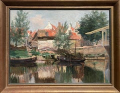 "Cottage by a Bridge" Framed Early 20th Century Impressionist Landscape Painting