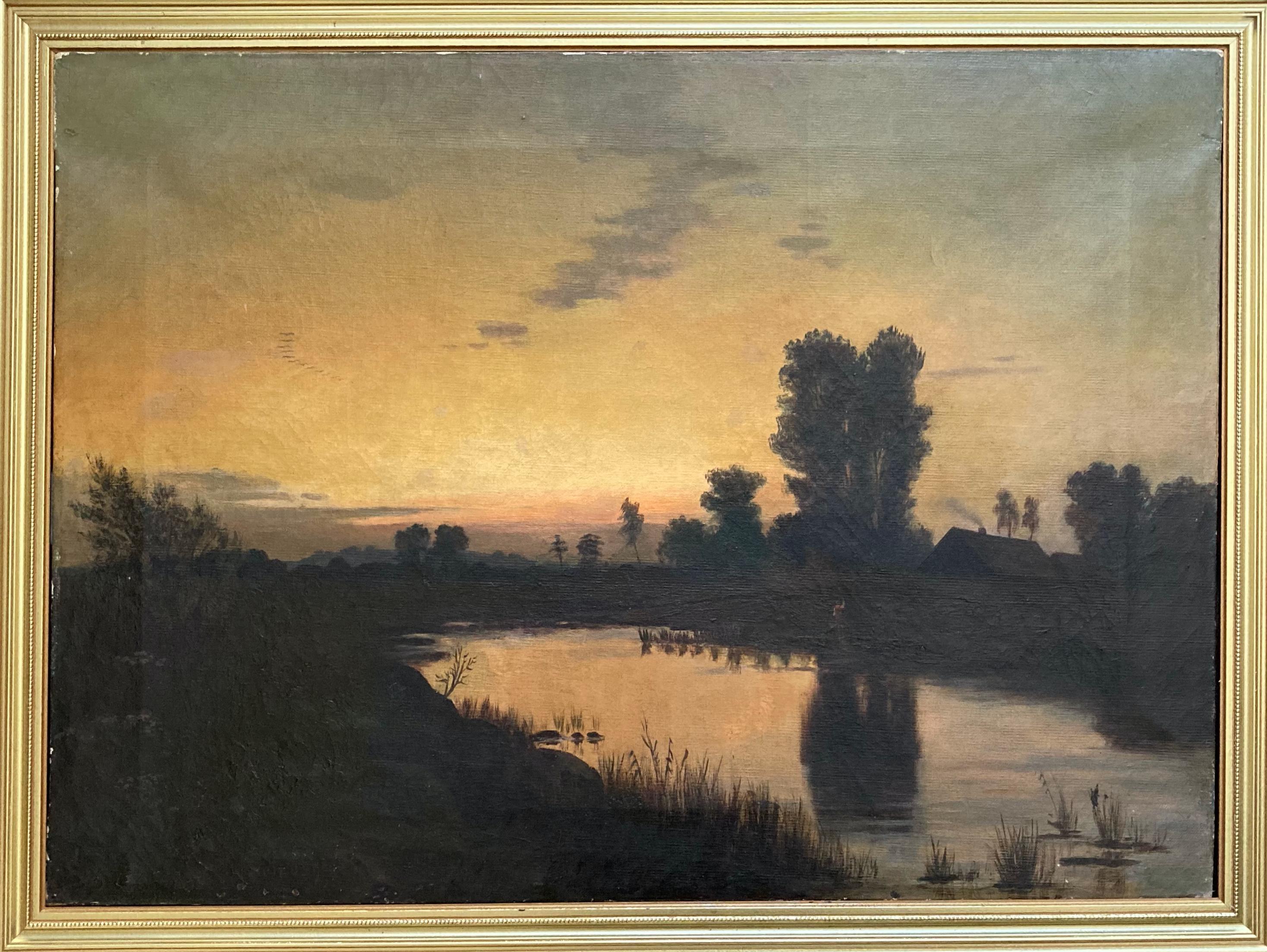 Unknown Landscape Painting - Cottage in the Country (Framed 19th-Century Antique Landscape Sunset Painting)
