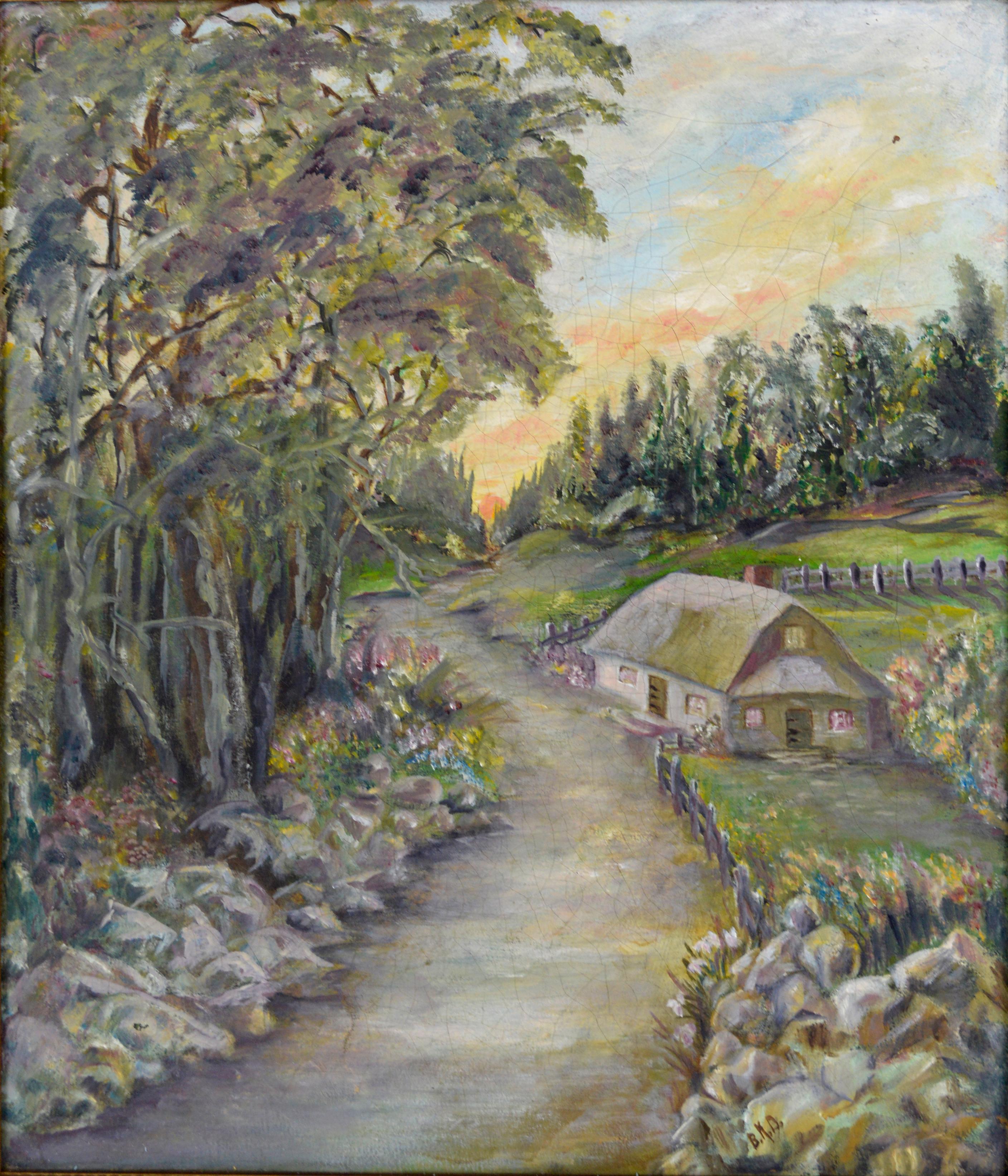 Country Cottage at Sunrise  - Painting by Unknown