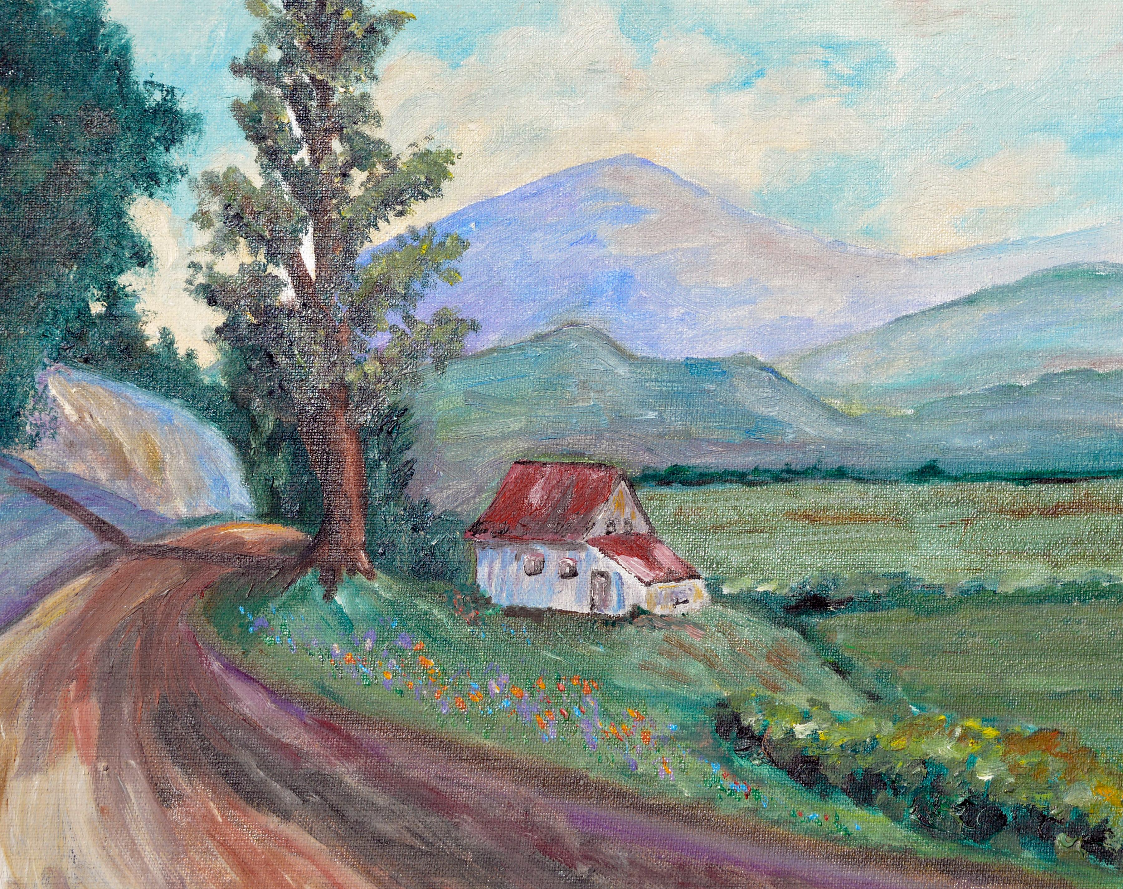 Country Home in Spring, Mid Century Pastoral Landscape with Wildflowers - Painting by Unknown