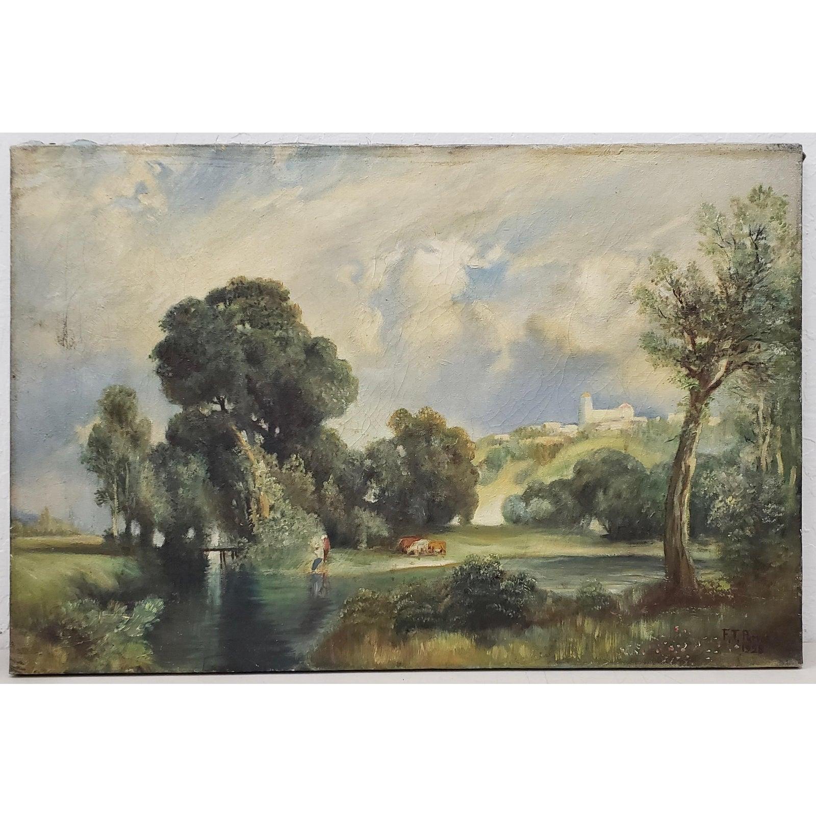 Country Landscape with Figures and Cattle by F.T. Purvos c.1928 - Impressionist Painting by Unknown