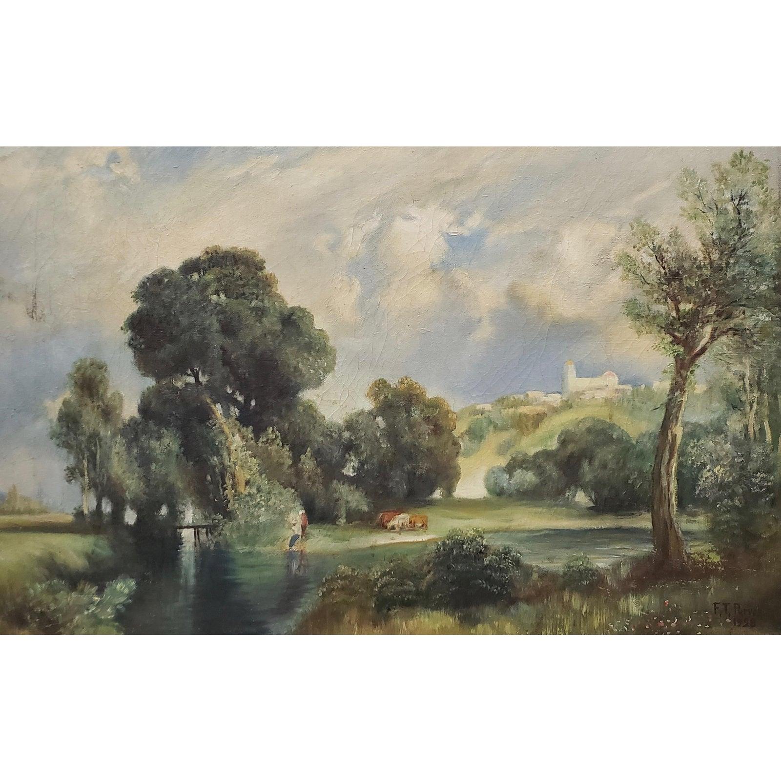 Country Landscape with Figures and Cattle by F.T. Purvos c.1928 1