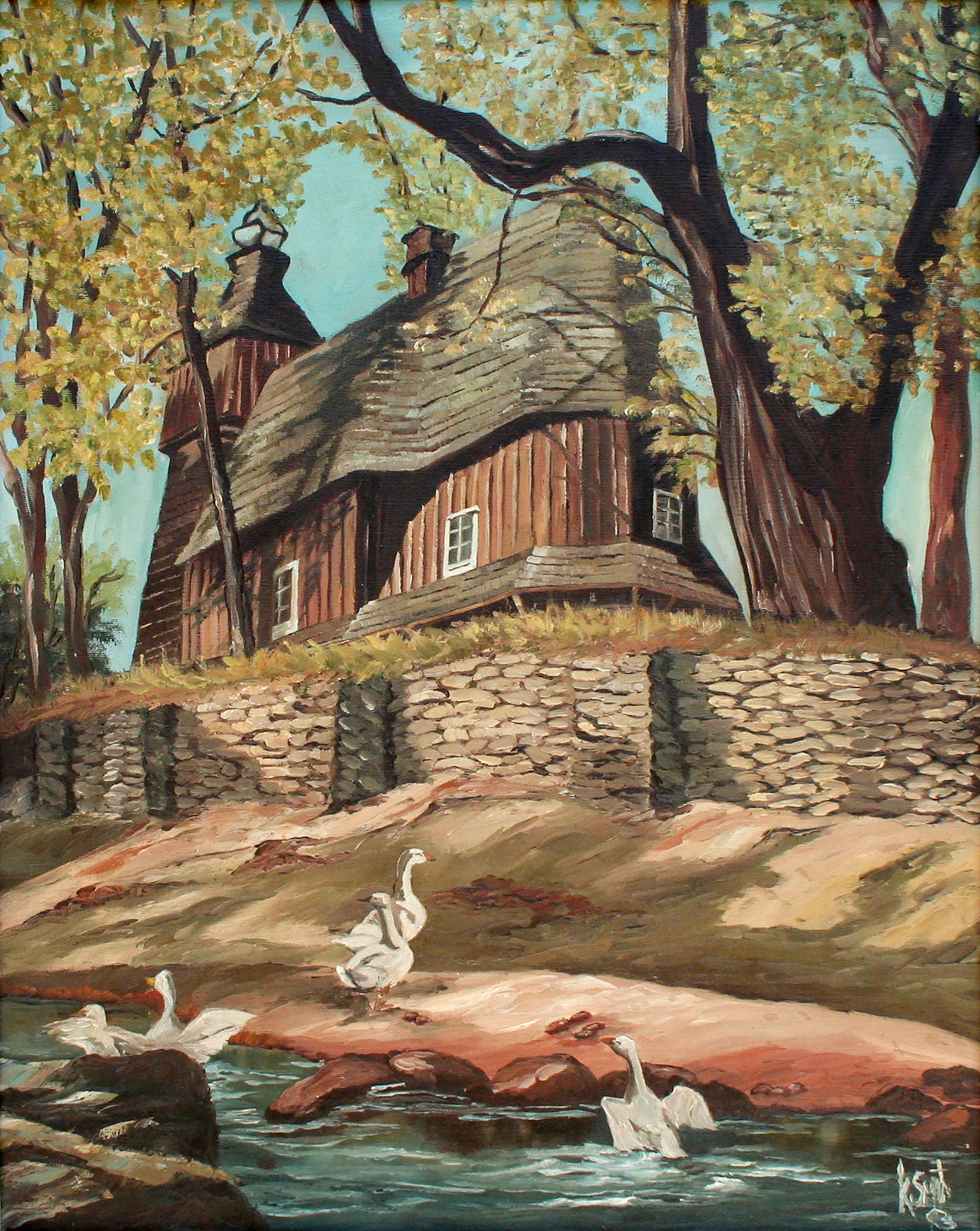 Country Manor with Geese Landscape  - Painting by Unknown