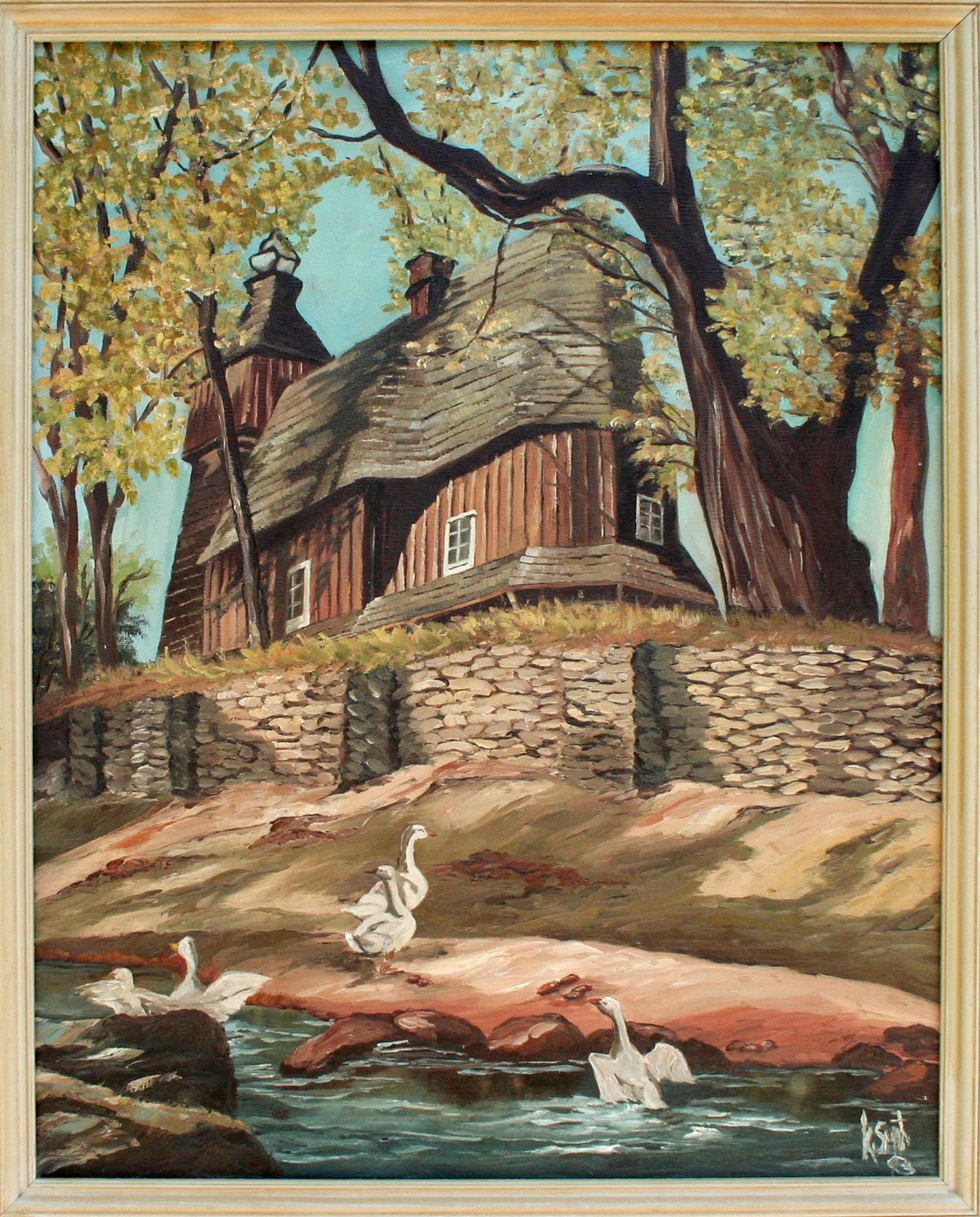 Figurative Painting de Unknown - Mansión rural con paisaje de gansos
