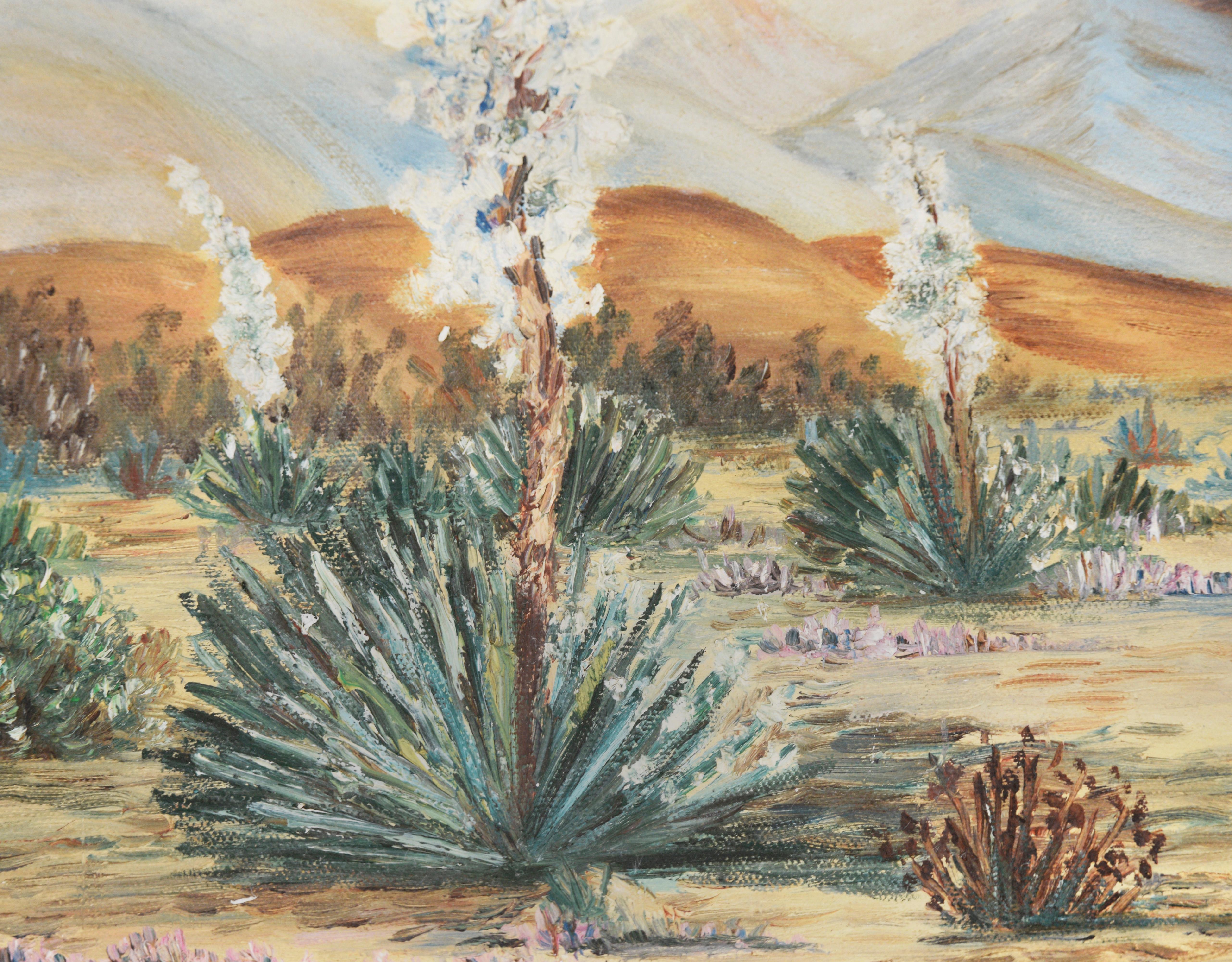 Desert Landscape with Agave and Yucca - Oil on Canvas

Oil painting of a desert landscape by an unknown California artist (American, 20th C). California high desert with vibrant green Yucca and agave plants. There are snow covered mountains in the