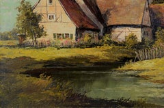 Ländliche Landschaft mit Tudor-Haus und Gärten – Originalgemälde, signiert