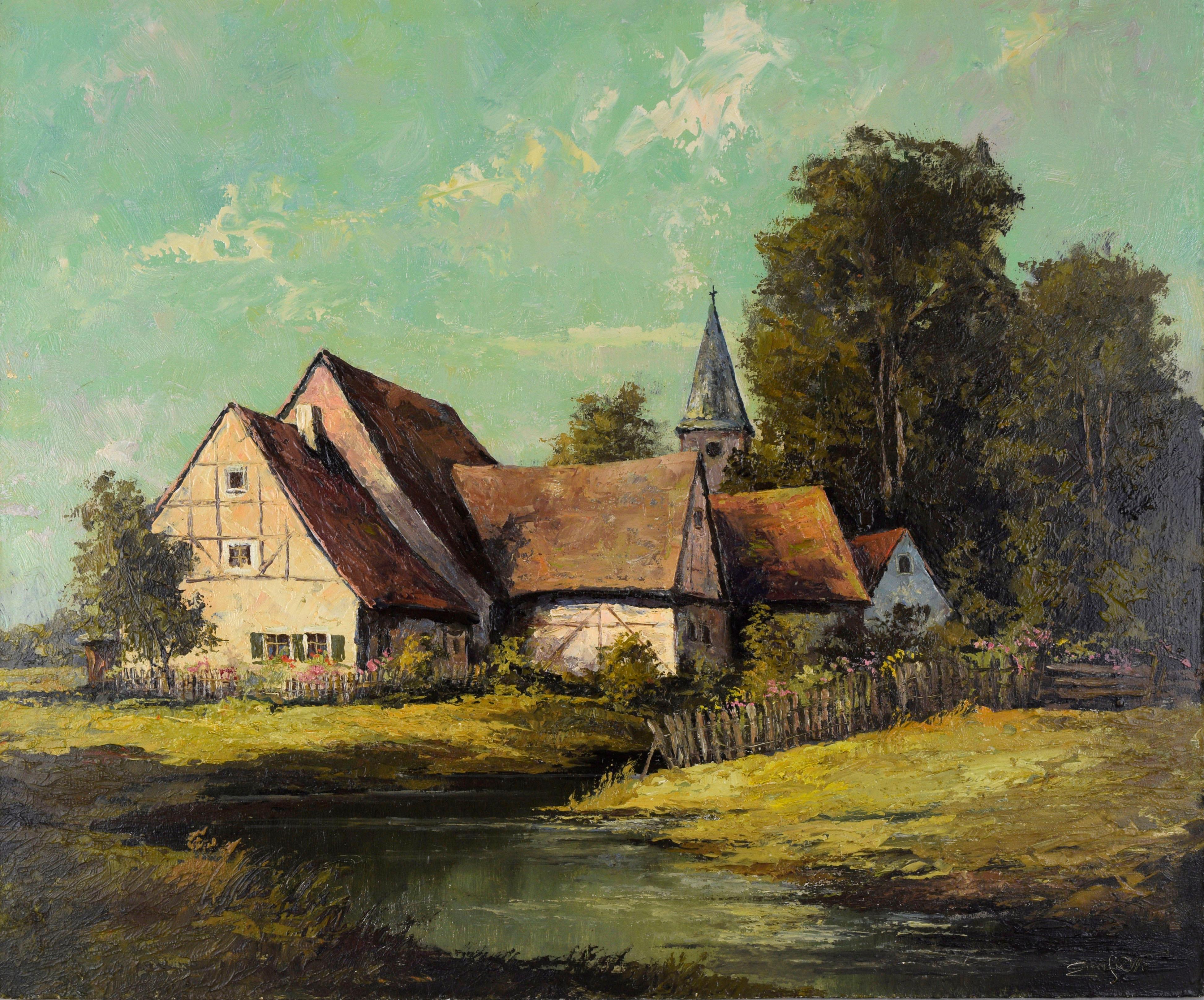 Paesaggio di campagna con casa in stile Tudor e giardini - Dipinto originale, firmato