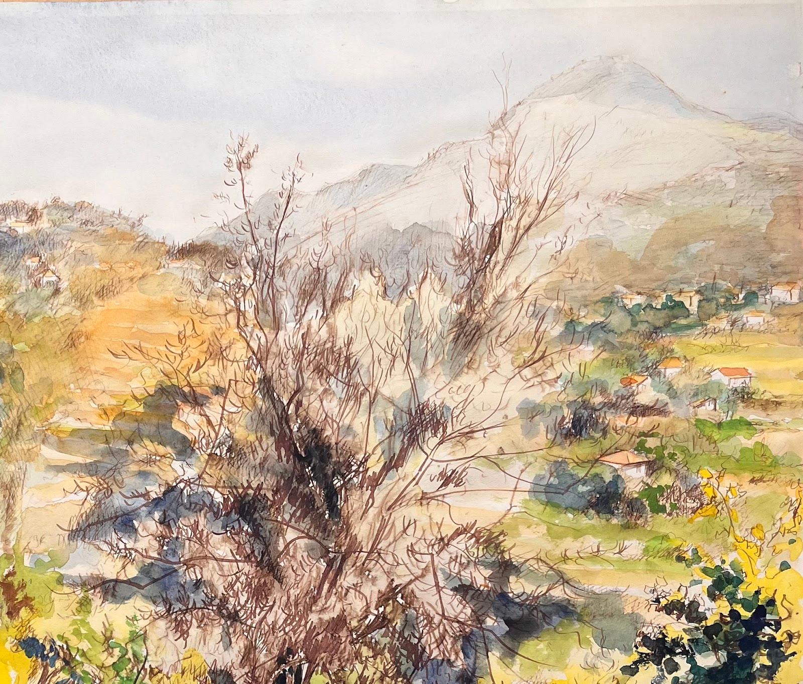 Countryside of Nice (Le Mont Chauve) - Serene Watercolor Landscape - Impressionist Painting by Josine Vignon