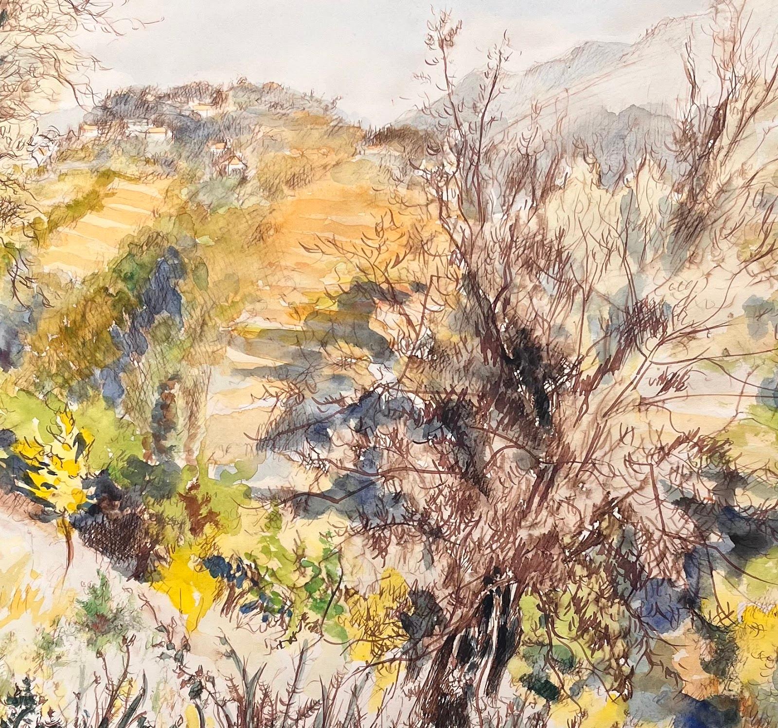 Countryside of Nice (Le Mont Chauve) - Serene Watercolor Landscape For Sale 1