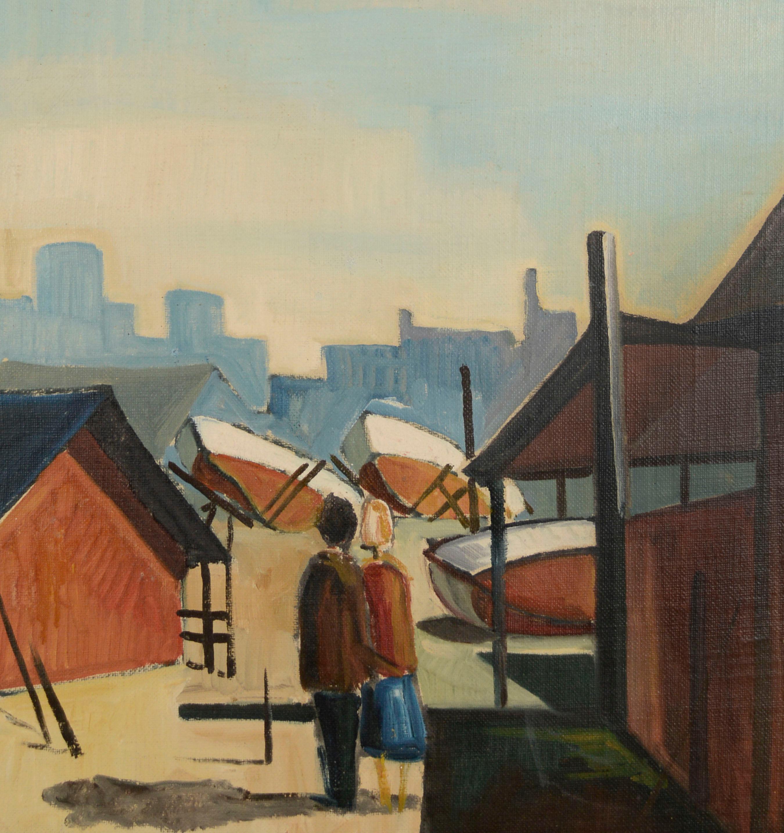 Couple at the Harbor, Mid Century Modern Figurative Cityscape  - American Modern Painting by Unknown