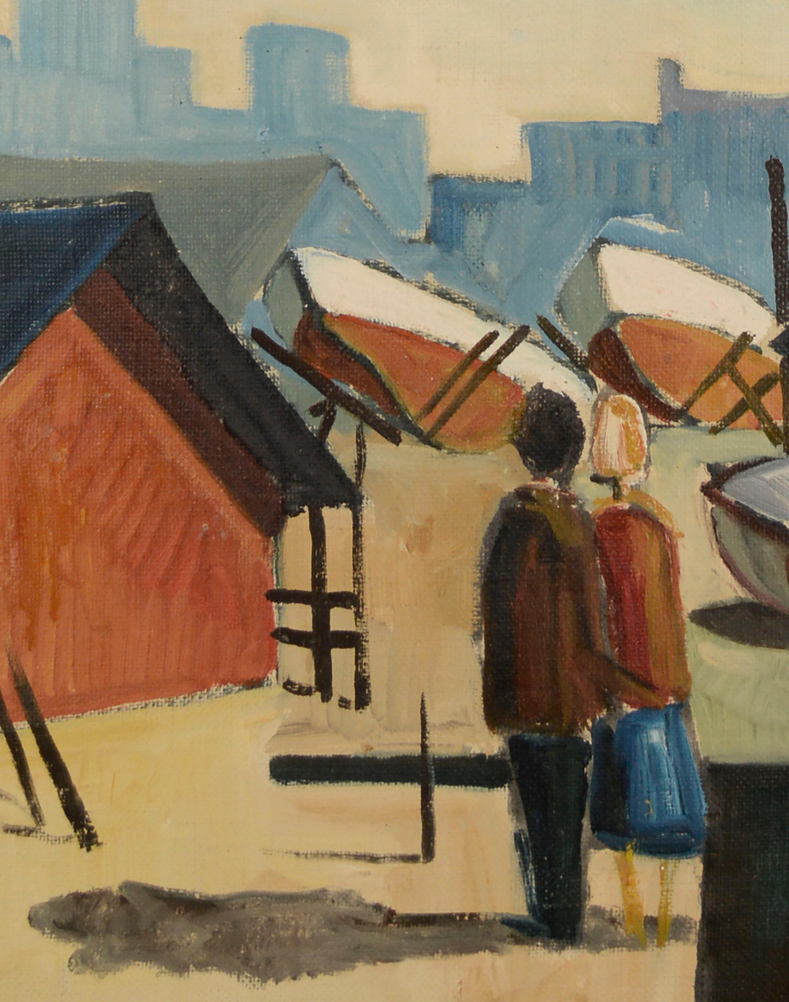 Beautiful mid century modern figurative landscape of a couple standing in an urban harbor by Leon, an unknown artist. (American, 20th C). The two figures gaze out past small rowboats at the city skyline. The artist distills down the shapes of the