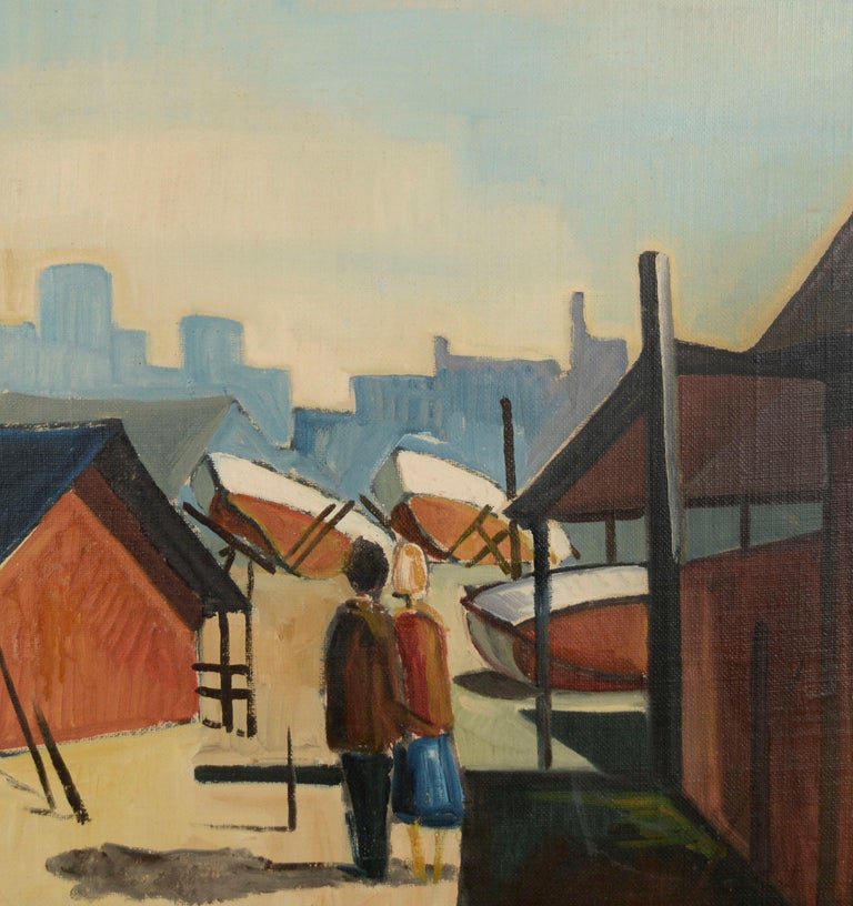 Couple at the Harbor, Mid Century Modern Figurative Cityscape with Boats  - Painting by Unknown