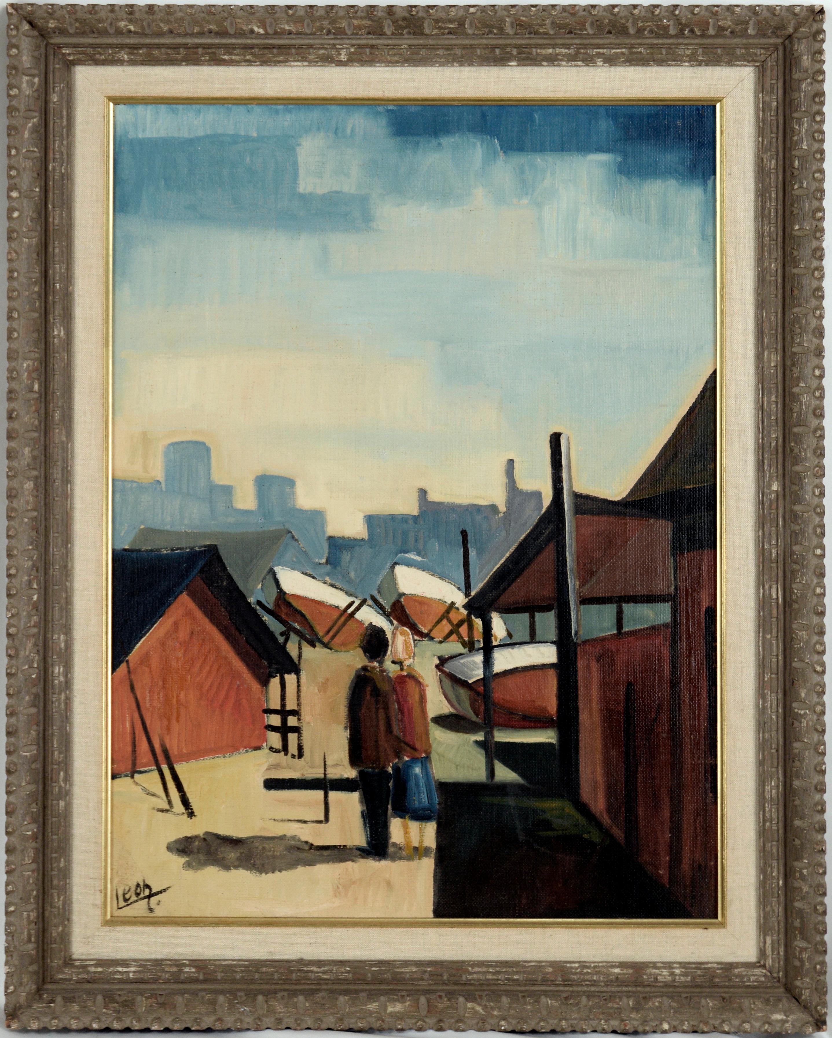 Unknown Landscape Painting - Couple at the Harbor, Mid Century Modern Figurative Cityscape with Boats 