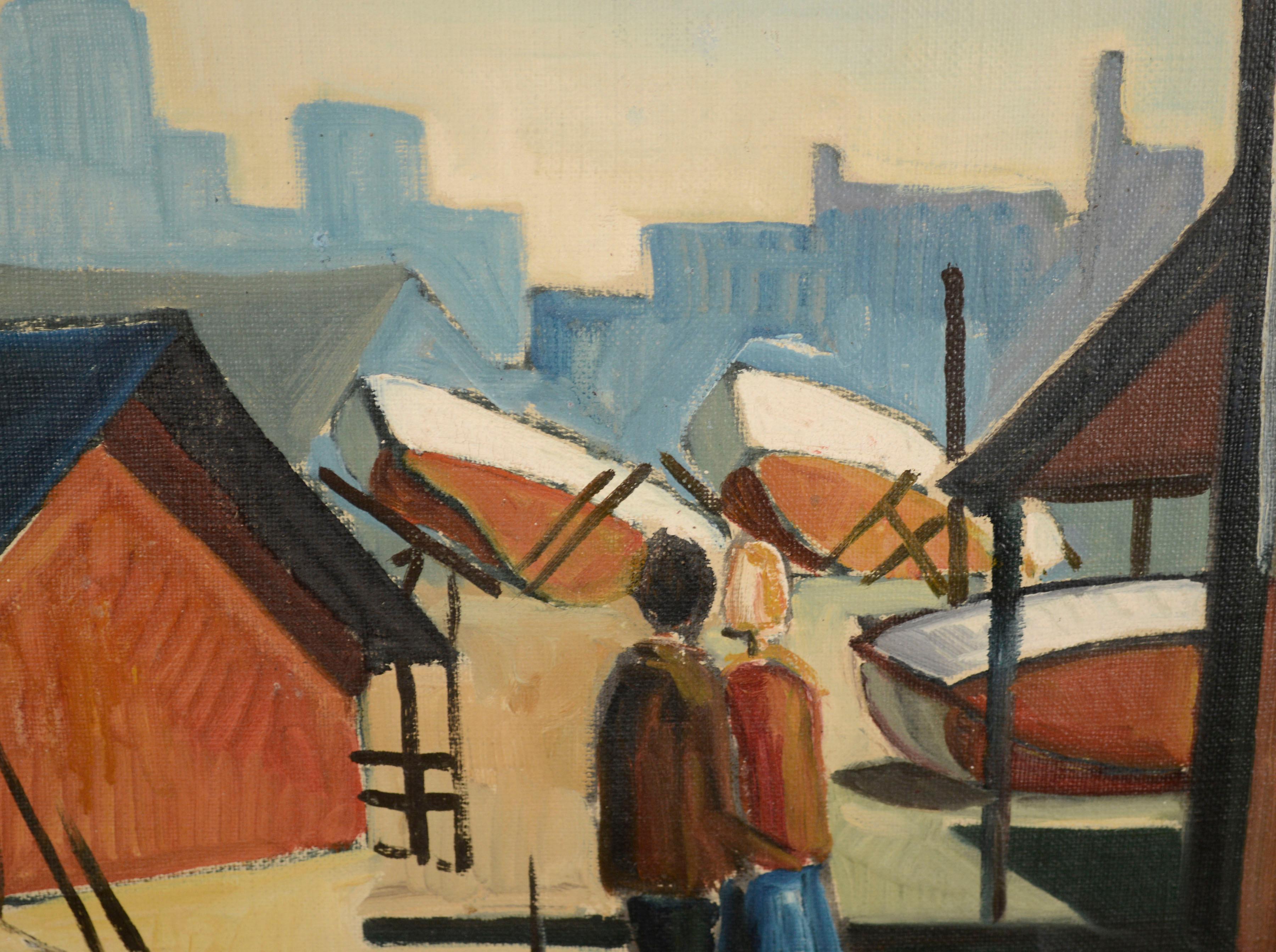 Couple at the Harbor, Mid Century Modern Figurative Cityscape with Boats - American Modern Painting by Unknown