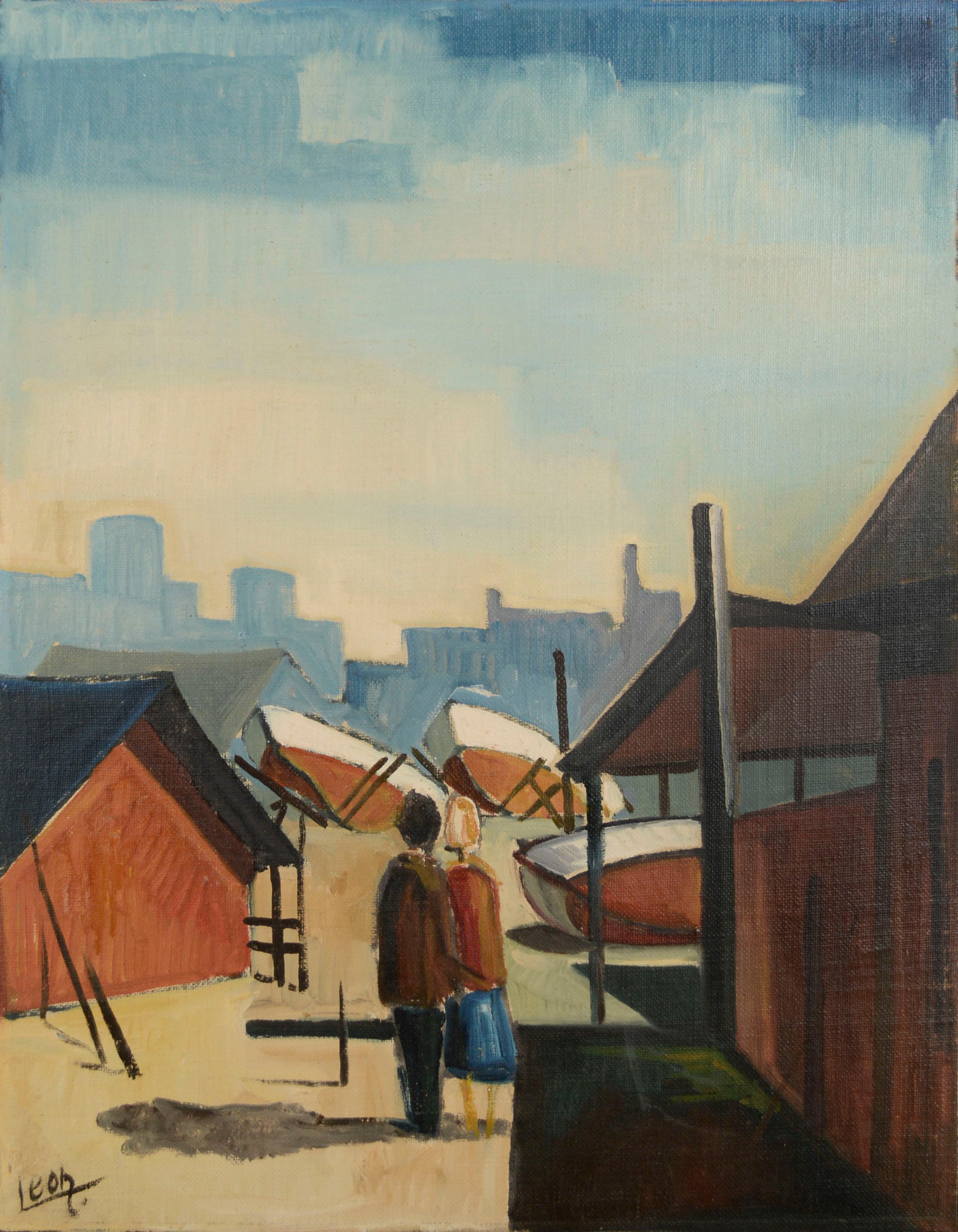 Couple at the Harbor, Mid Century Modern Figurative Cityscape with Boats 