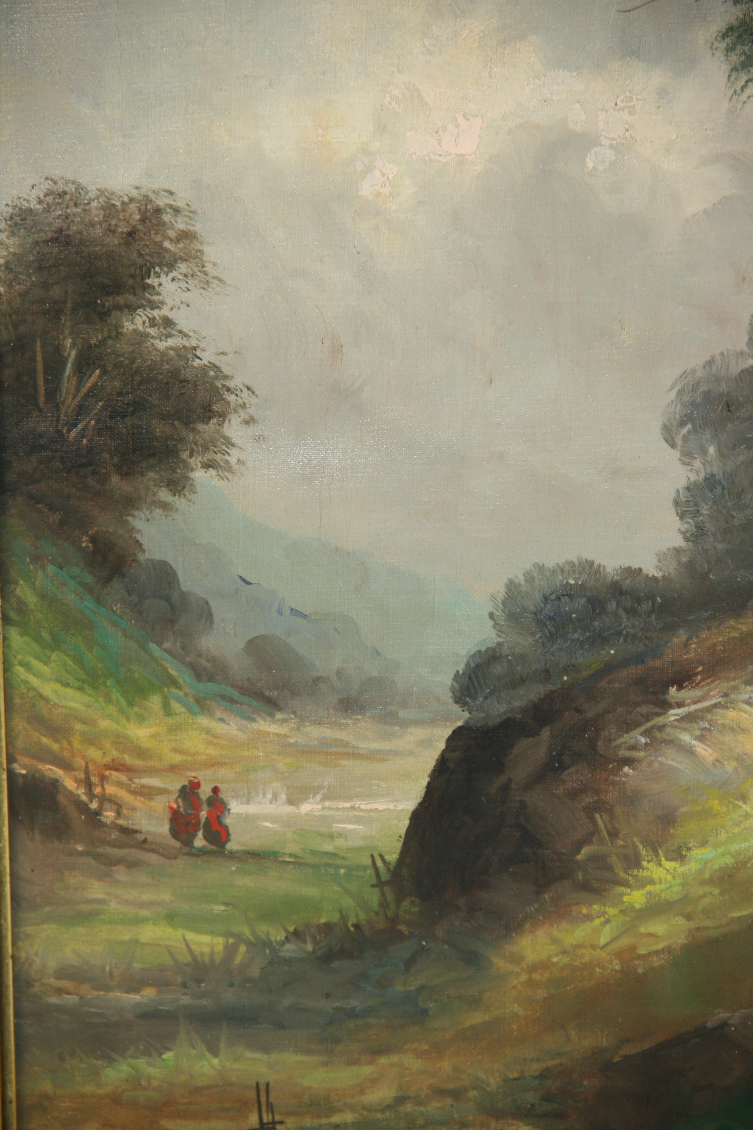 Paar beim Spaziergang in einer englischen Landschaft (Braun), Landscape Painting, von Unknown