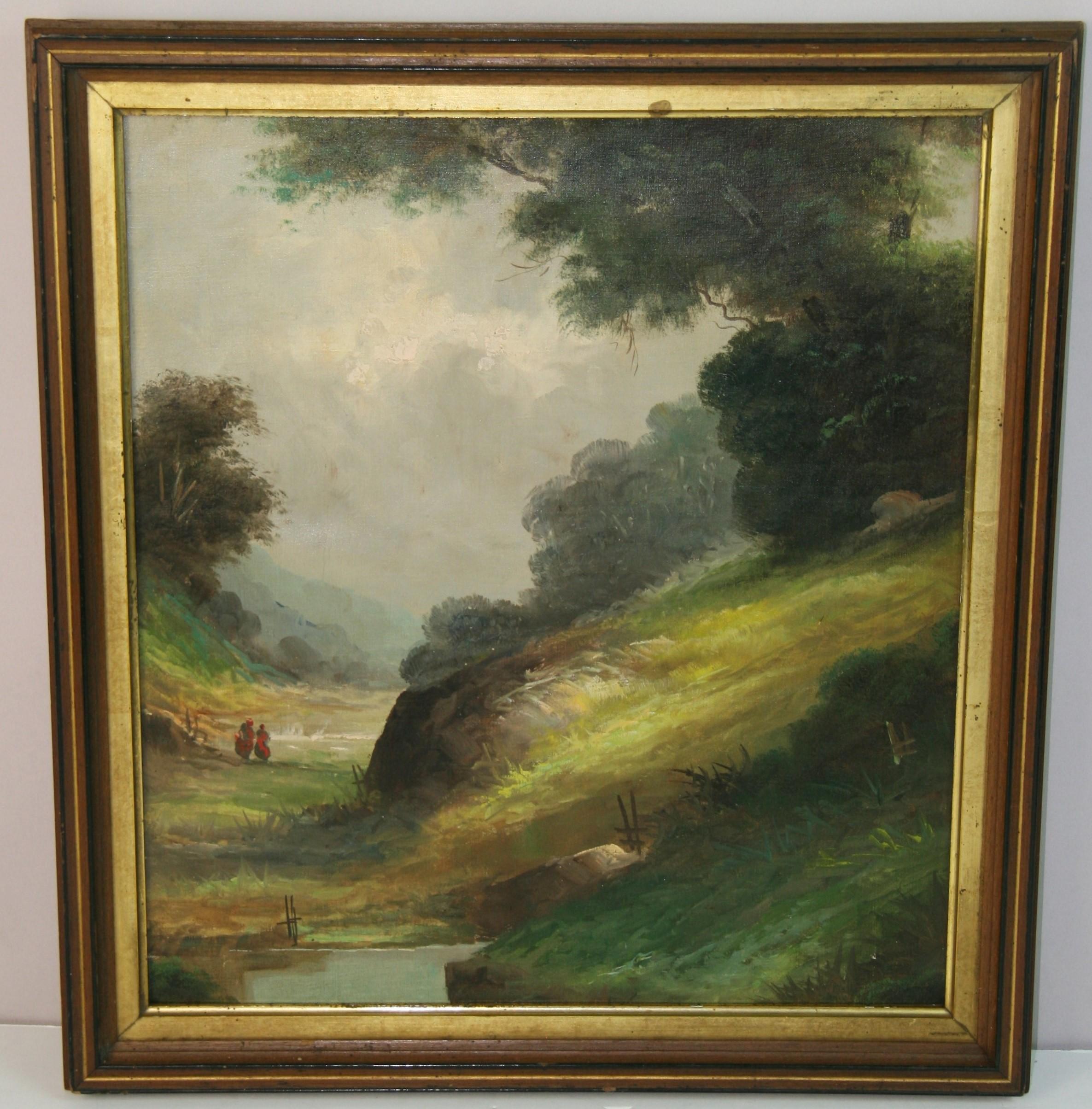 Pareja paseando por un paisaje inglés, óleo sobre lienzo, enmarcado, década de 1920