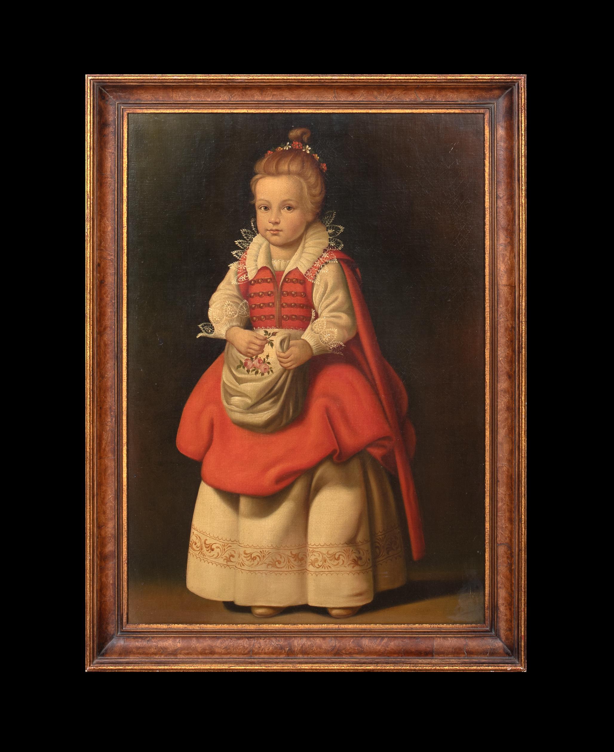 Retrato de corte de una niña del siglo XVII, óleo sobre lienzo  English School - Painting de Unknown