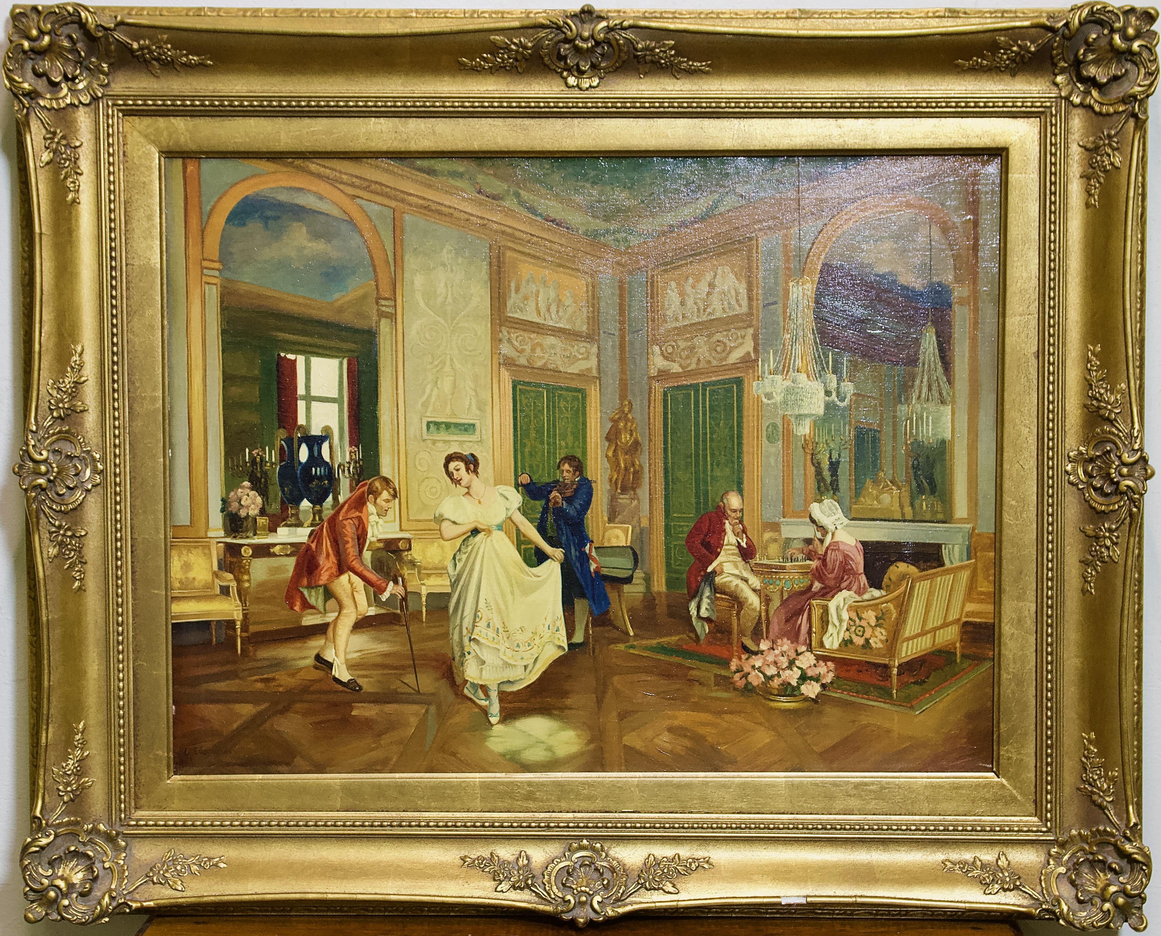 Unknown Figurative Painting - Courtly Dance in the Castle, Antique Painting, Oil on Canvas. Empire Style.
