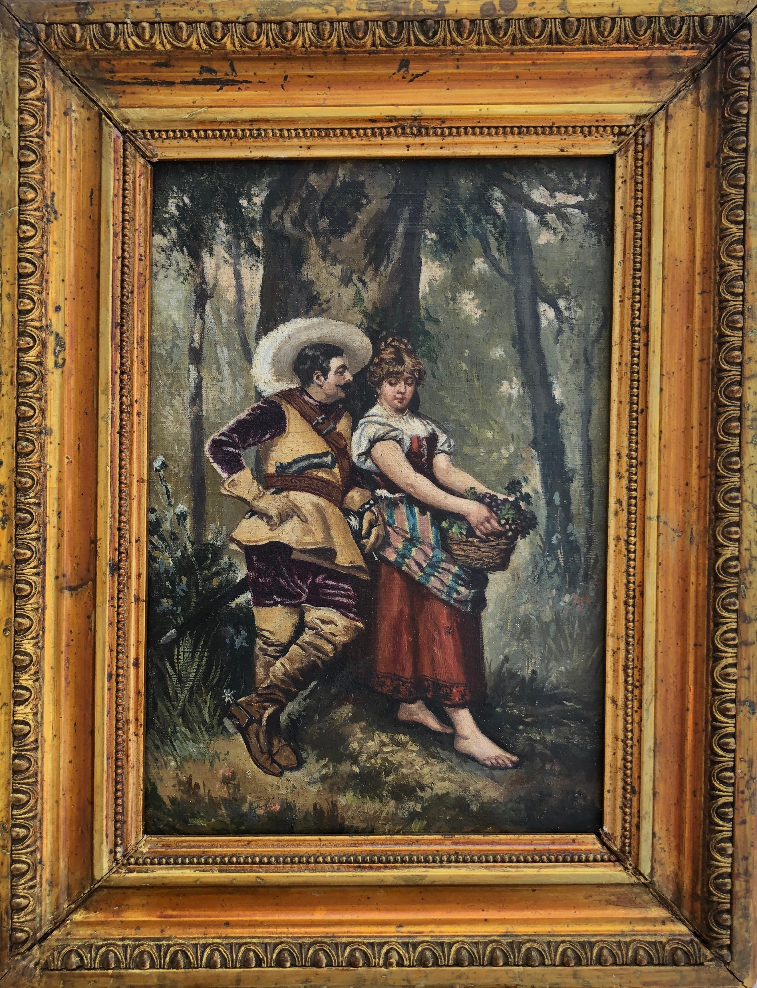 Corteggiamento nella foresta Scuola romantica francese XIX secolo olio su tela - Painting di Unknown