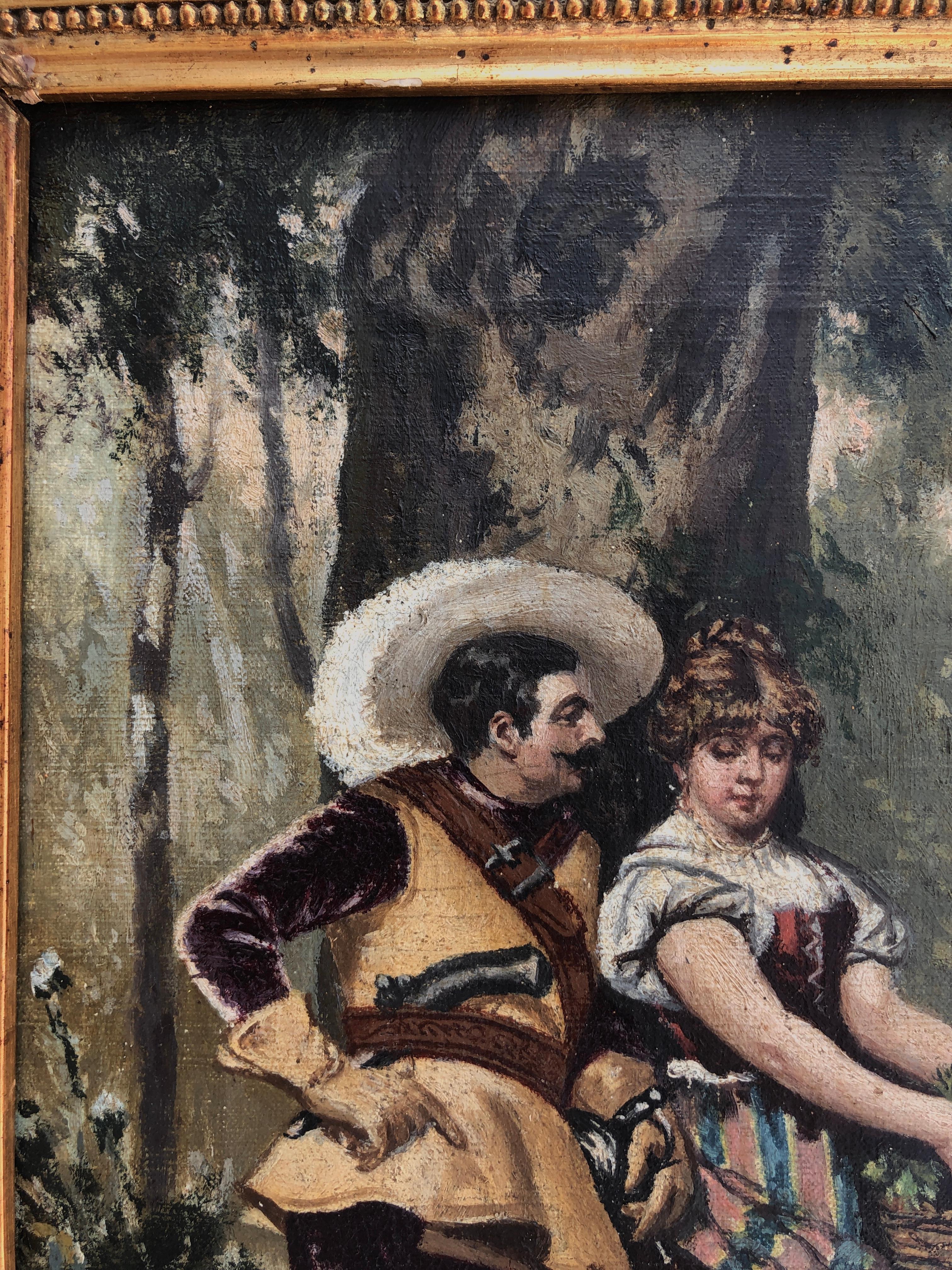 Titolo: *Corteggiata nella foresta*  
Autore: Scuola romantica francese  
Tecnica: Olio su tela  
Supporto: Tela montata su una barella  
Dimensioni senza cornice: 11,4 x 7,9 pollici  
Dimensioni della cornice: 15,4 x 11,8 pollici  
Stile: