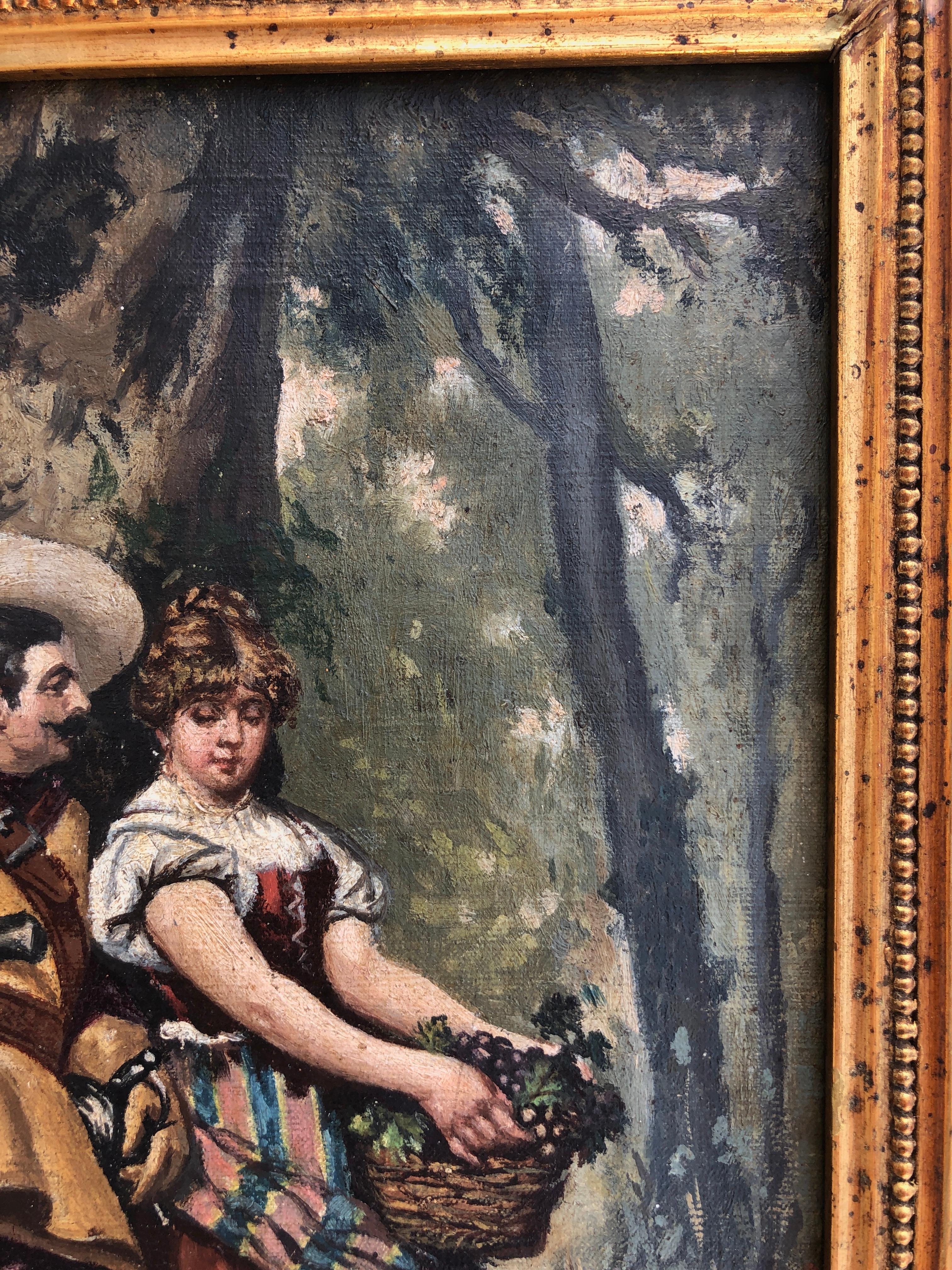 Corteggiamento nella foresta Scuola romantica francese XIX secolo olio su tela in vendita 1