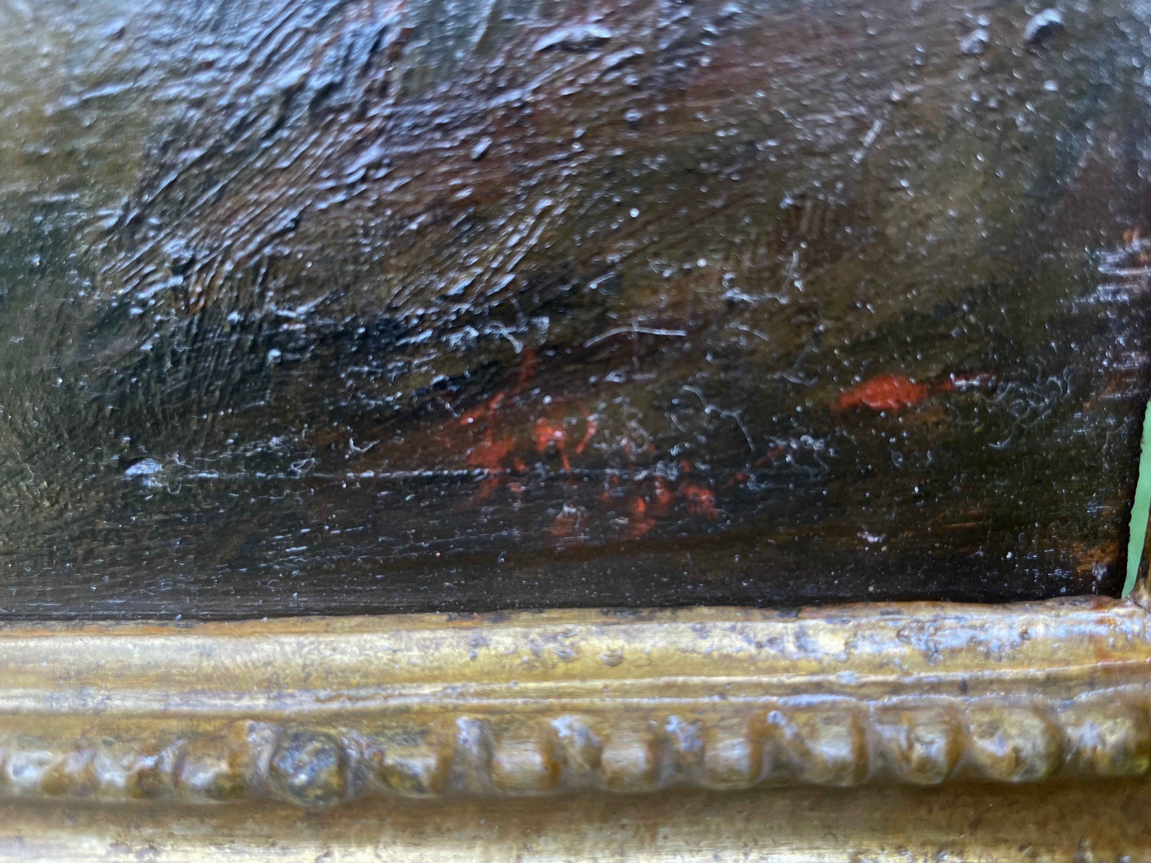 Vaca y ternero, pintura al óleo, siglo XIX. Preciosa representación al óleo sobre tabla de una vaca y un ternero recién nacido en un paisaje verde, en un marco Luis XVI de finales del siglo XVIII, restaurado y tallado en dorado, con cuentas y