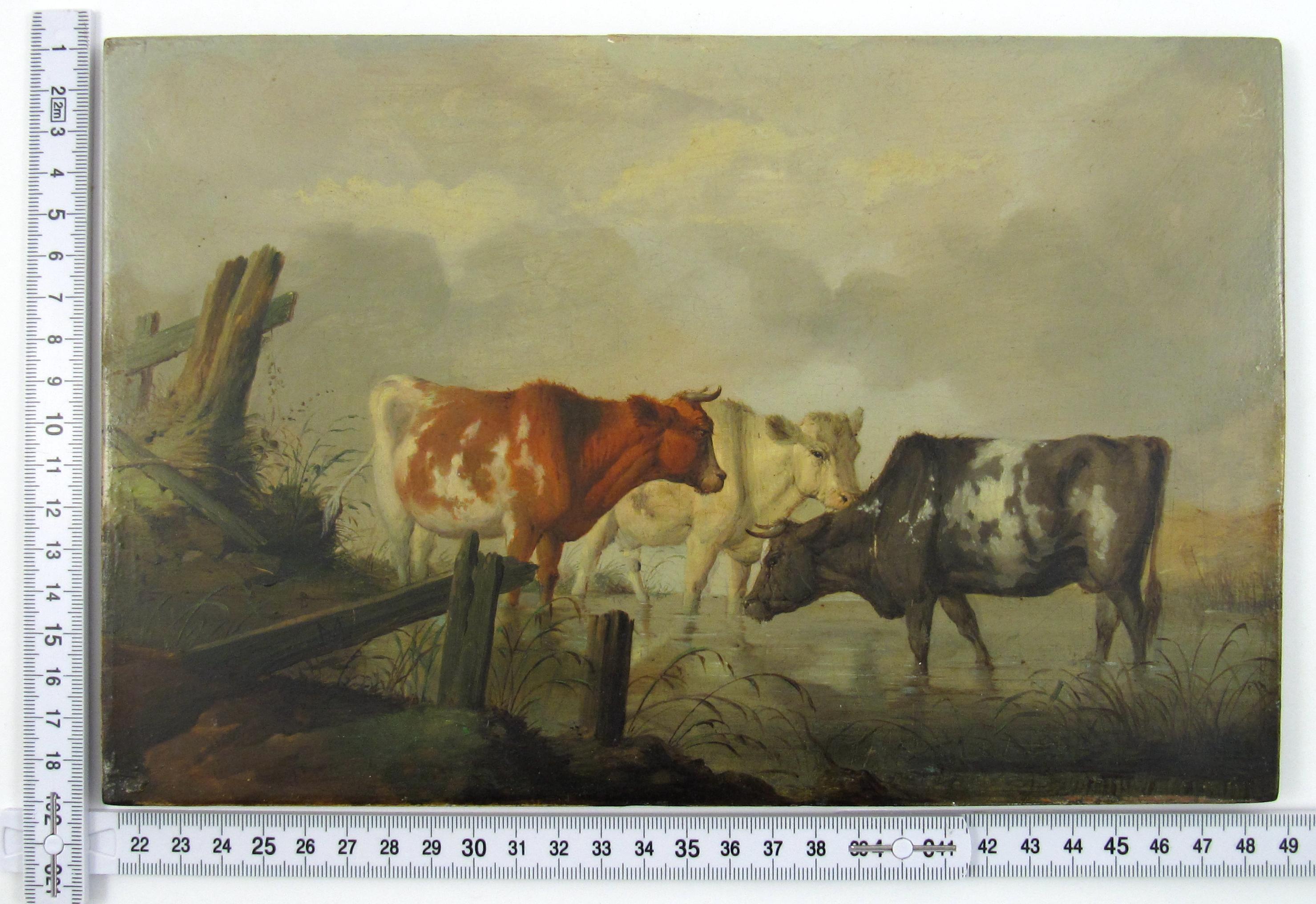 Cows at a Watering Hole - Monogrammed M 19th Century Oil Painting on Panel 1875 3