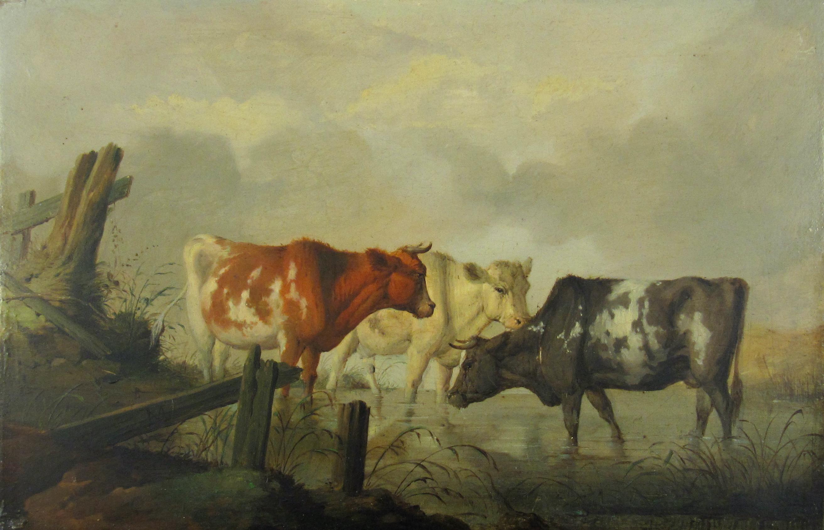 Unknown Figurative Painting - Cows at a Watering Hole - Monogrammed M 19th Century Oil Painting on Panel 1875