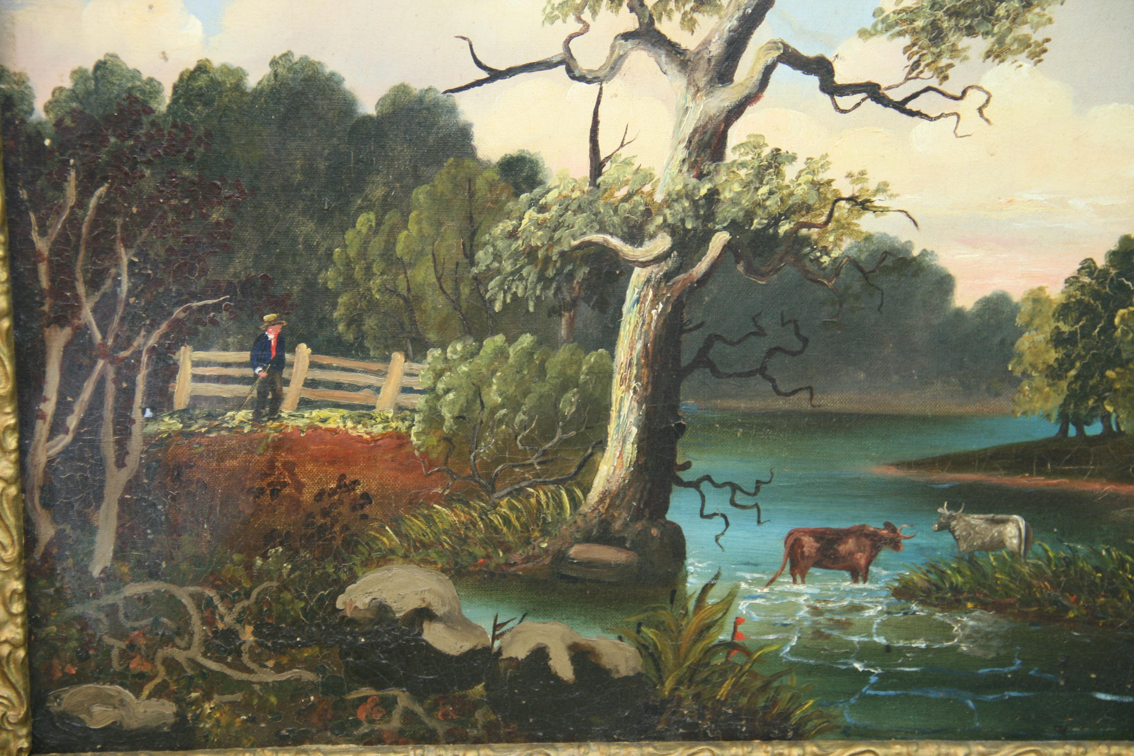 Hudson River School Cows at Rivers Edge Antique Landscape oil Painting - Black Landscape Painting by Unknown