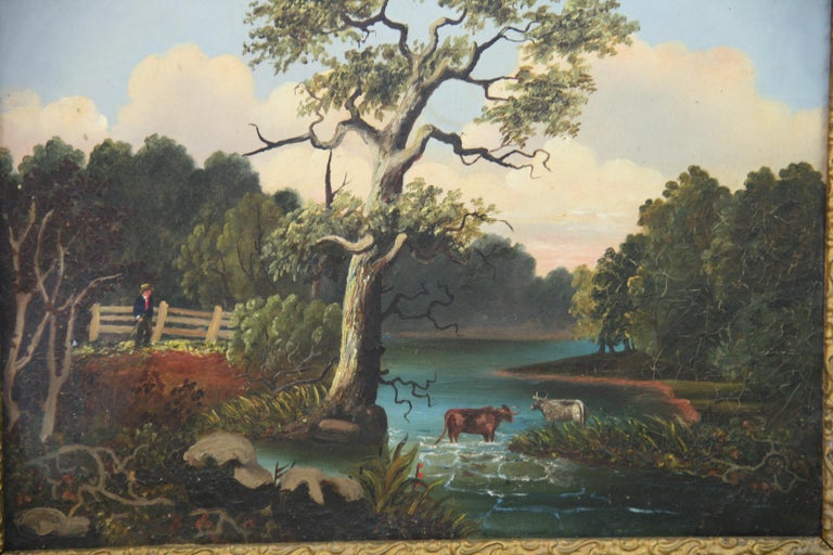 Hudson River School Cows at Rivers Edge Antique Landscape oil Painting - Black Landscape Painting by Unknown