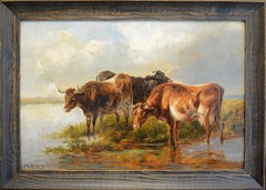 "Cows Watering" - Framed 19th Century Antique Landscape Painting
