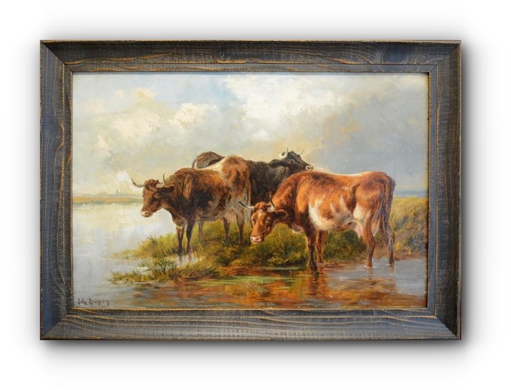 "Cows Watering" - Framed 19th Century Antique Landscape Painting