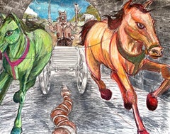 Los viajes del Coyote: El carro, pintura al óleo de Daniel Duford, 2024